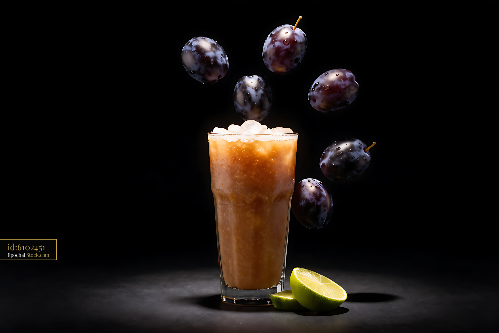 Fresh Kakadu plum smoothie with lime and levitating fruit - stock photo