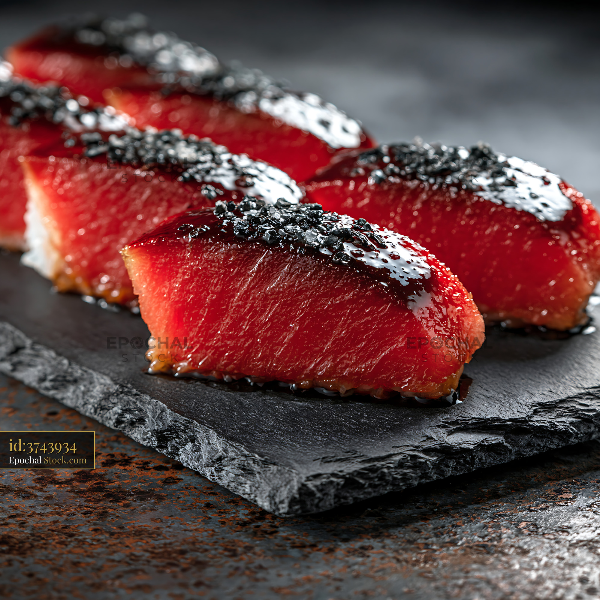 Watermelon tuna sushi with black sesame seeds on a dark slate board - stock photo
