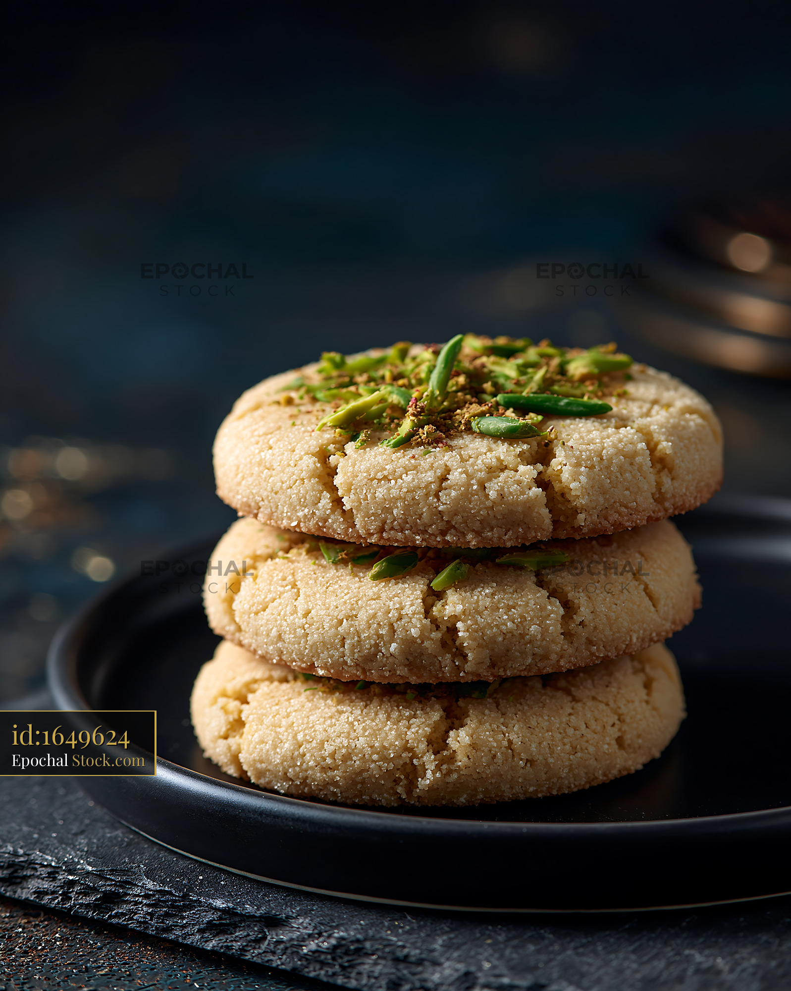Stack of cardamom chickpea biscuits with crushed pistachio topping - stock photo