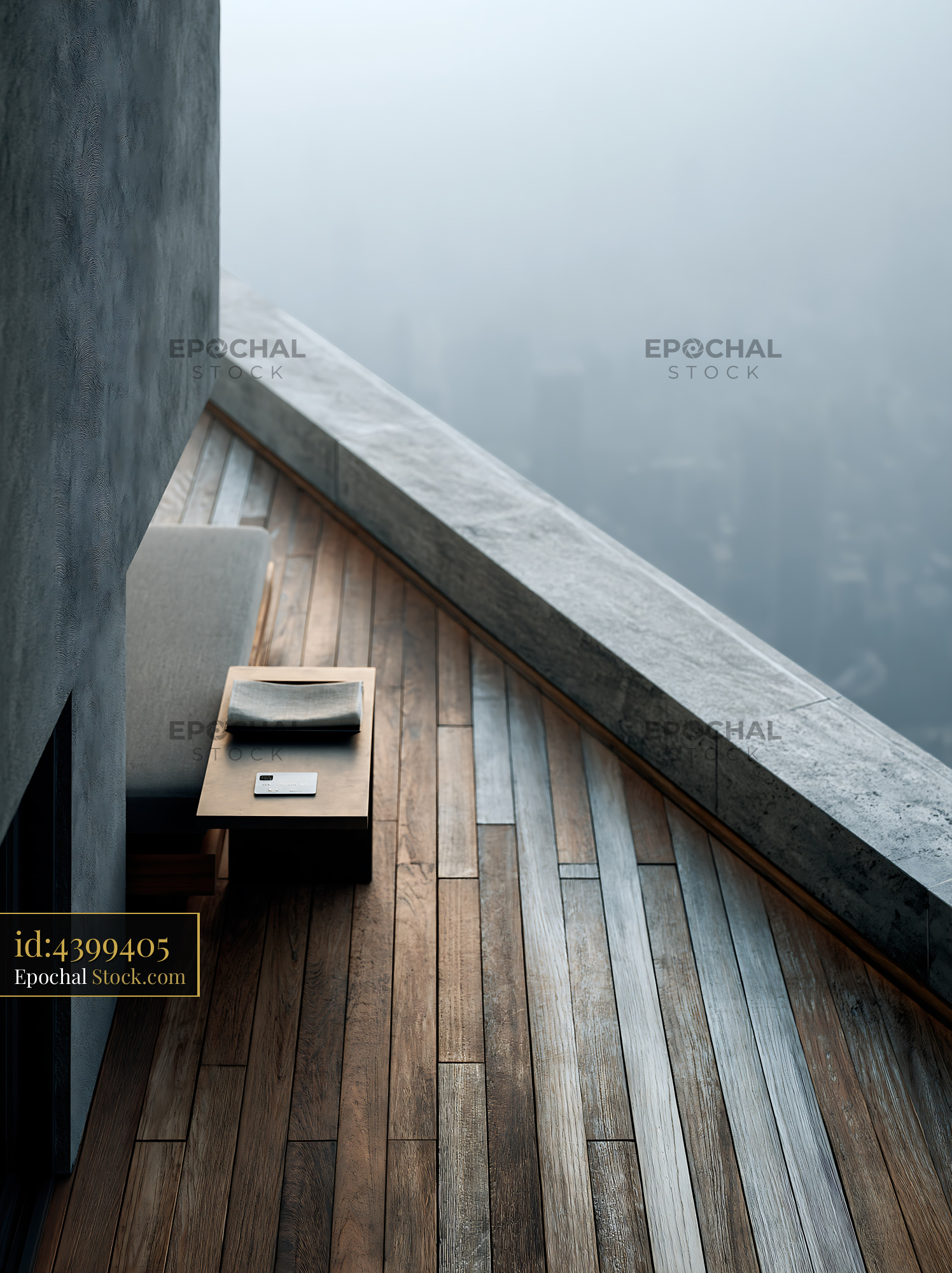 Minimalist luxury hotel balcony view overlooking a foggy cityscape - stock photo