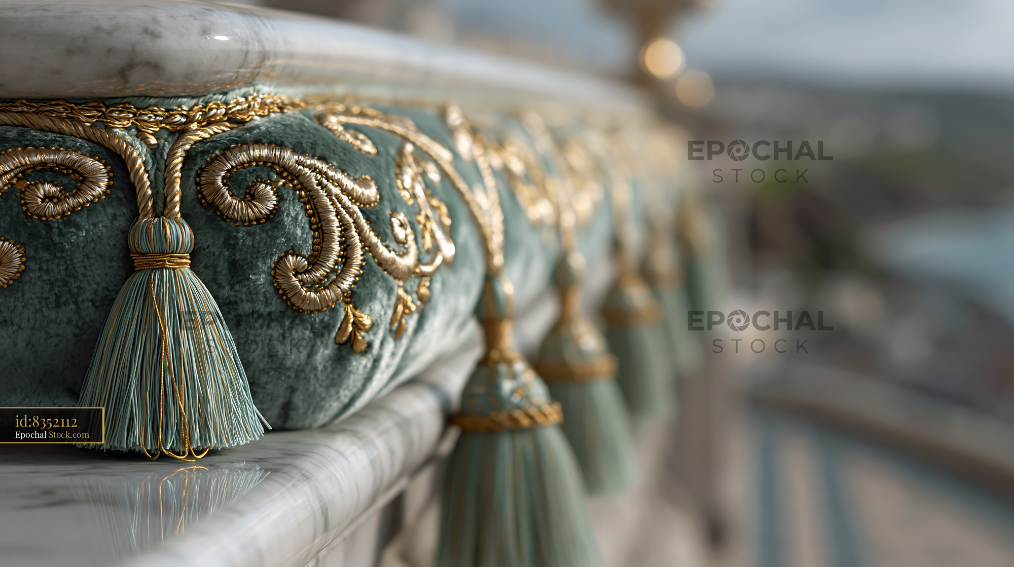 Luxury velvet cushion with gold embroidery on a marble balcony - stock photo