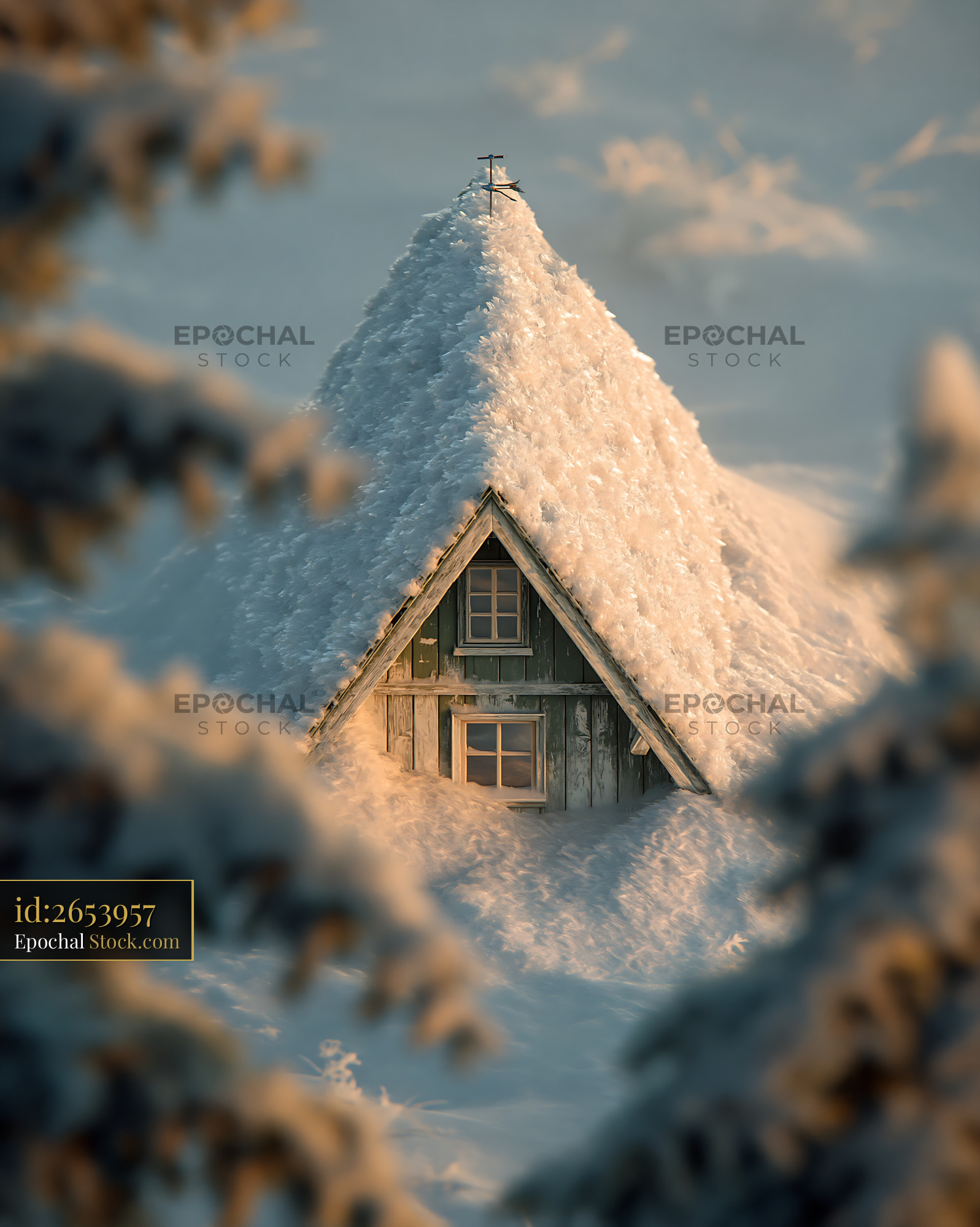 Small wooden cabin buried under deep snow during golden hour - stock photo