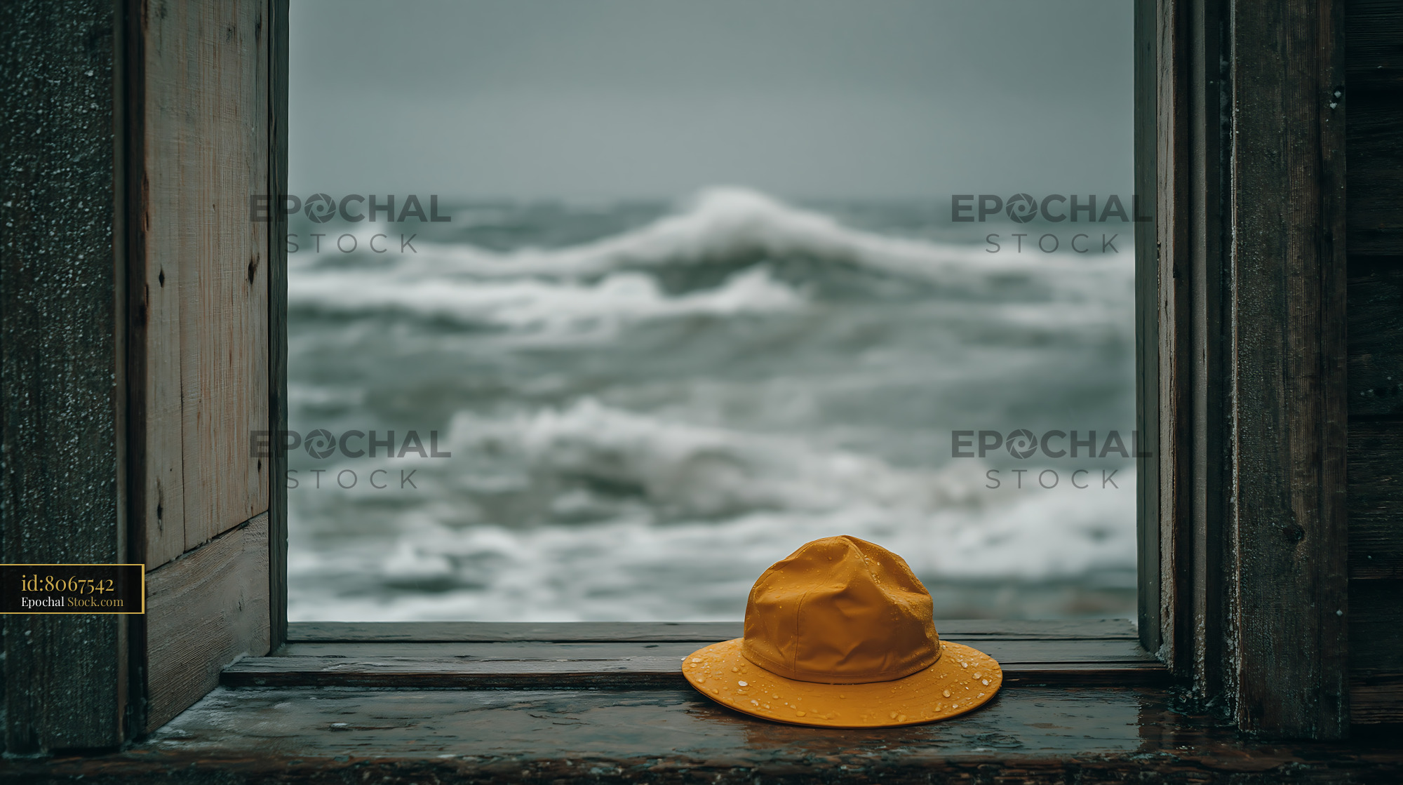 Yellow rain hat on a wooden window sill overlooking a stormy sea - stock photo