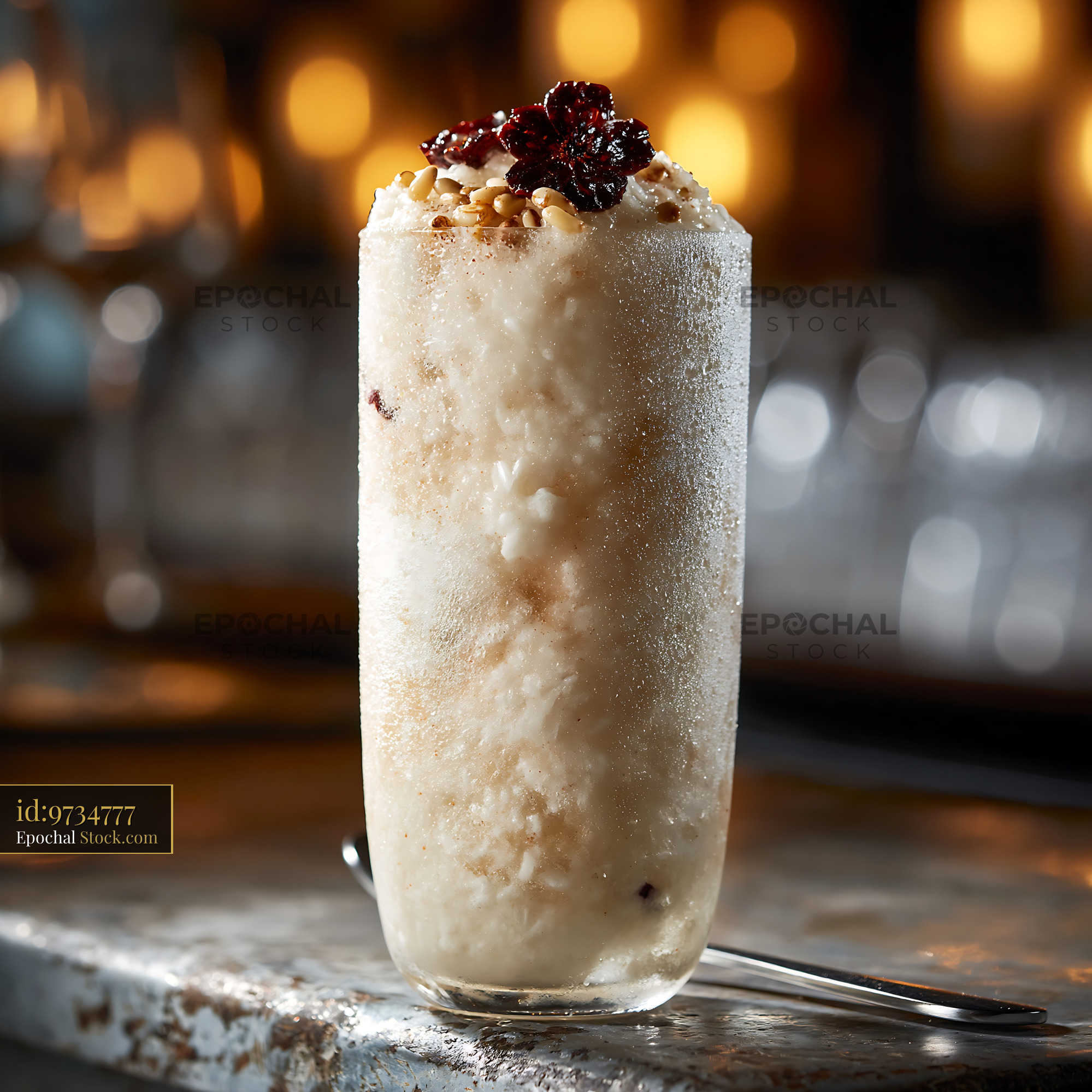 Sikhye rice smoothie with pine nuts and jujube in a frosted glass - stock photo