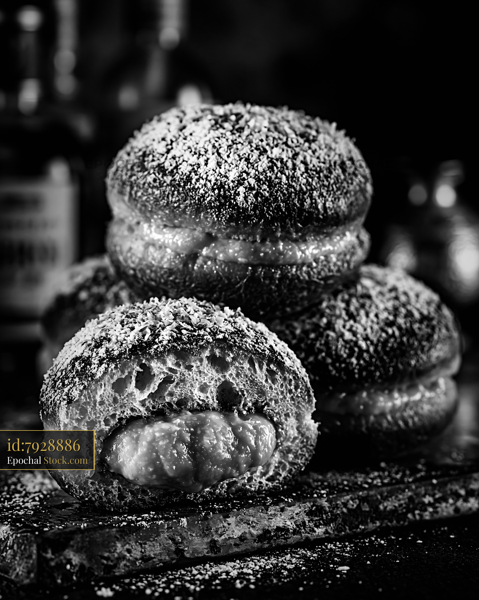 Artisanal pandan custard filled donuts in black and white - stock photo