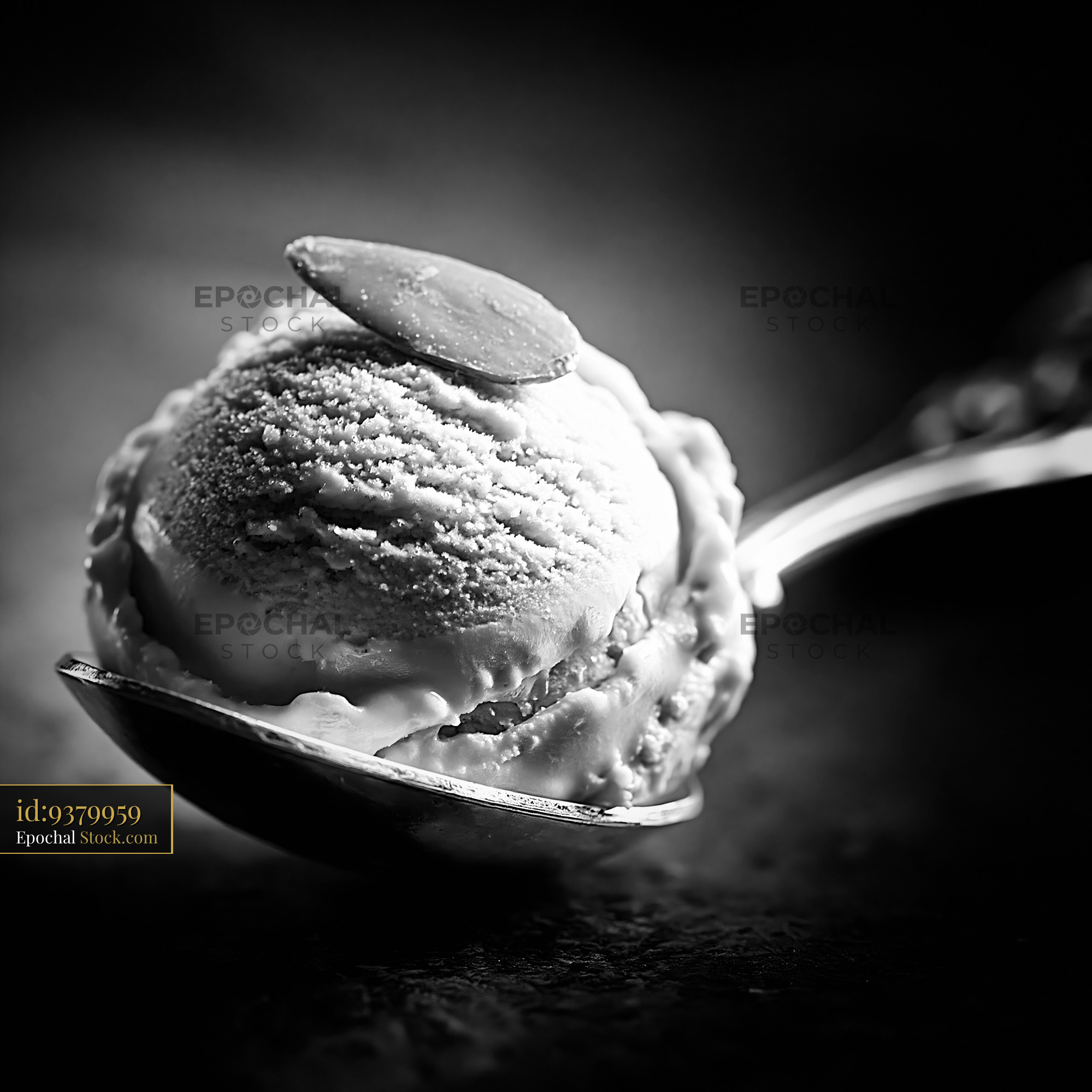 Scoop of amaretto ice cream with almond on a vintage spoon - stock photo