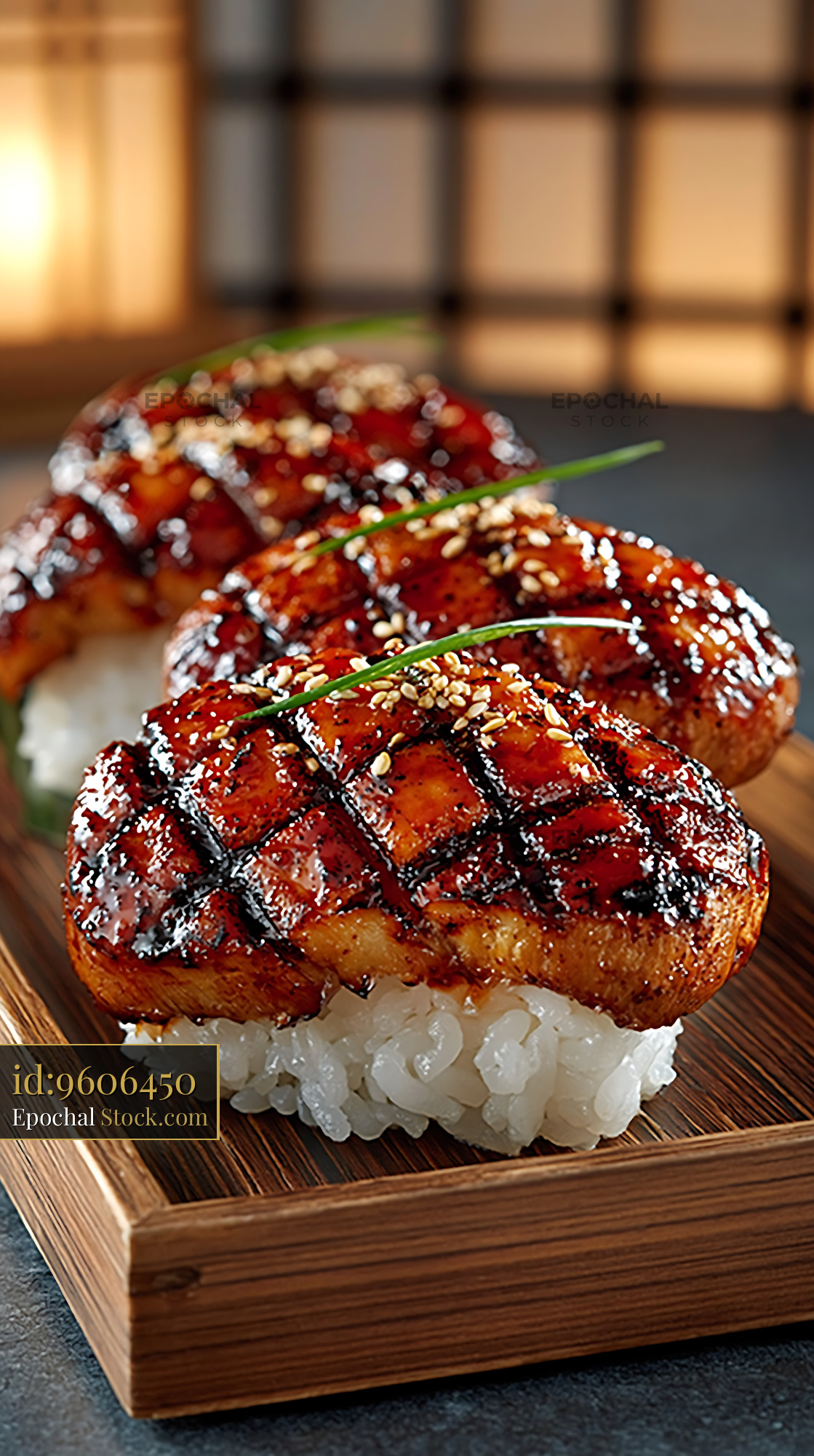 King oyster mushroom sushi with savory glaze and sesame seeds - stock photo