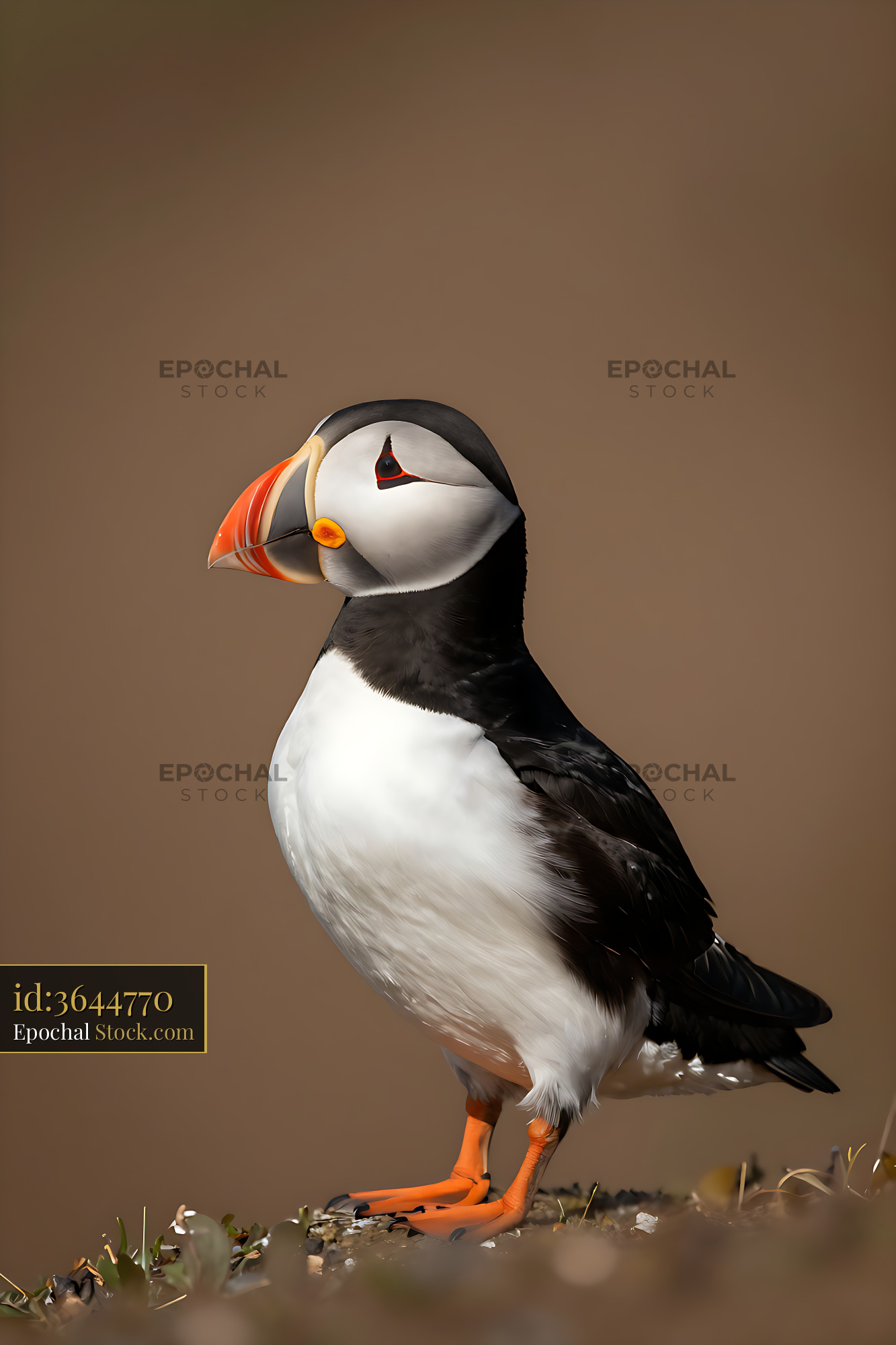 Atlantic puffin standing on a cliff edge against a soft background - stock photo