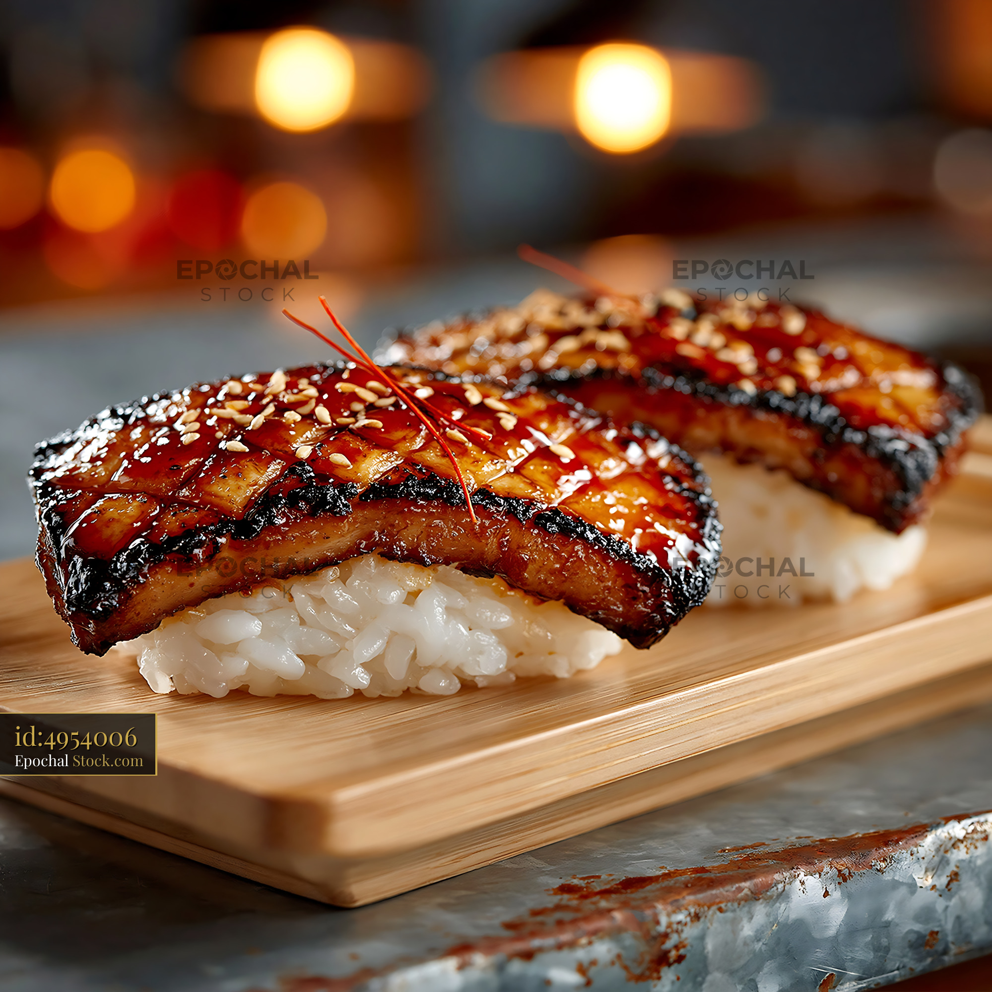King oyster mushroom sushi with glazed vegan nigiri on wooden board - stock photo