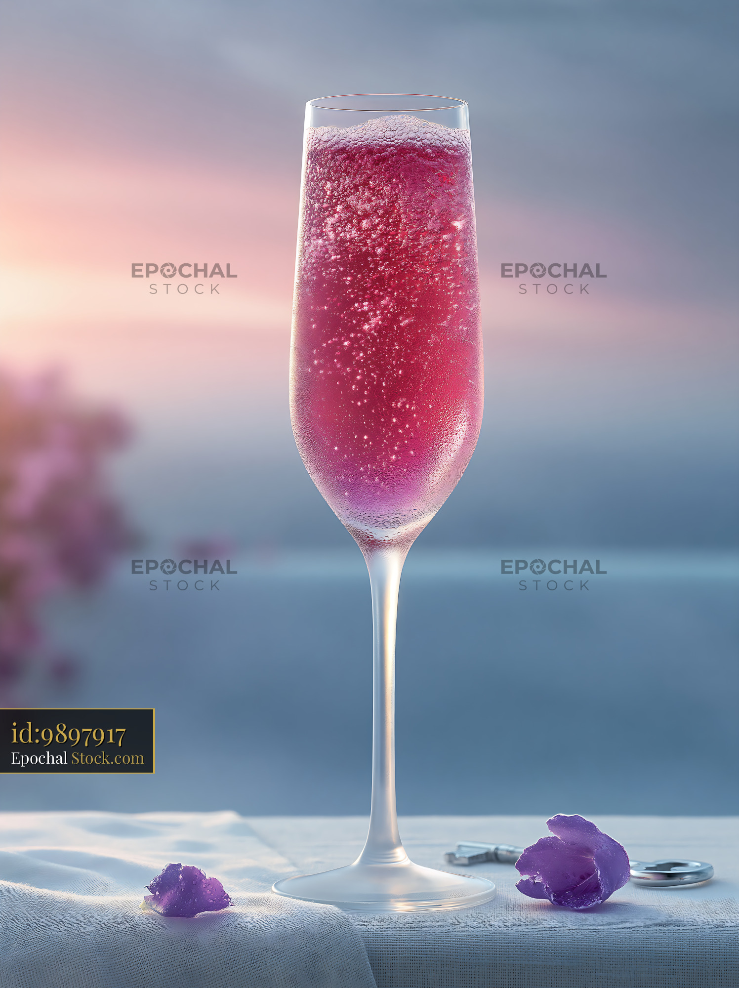 Chilled glass of pink sparkling wine on a sunset terrace table - stock photo
