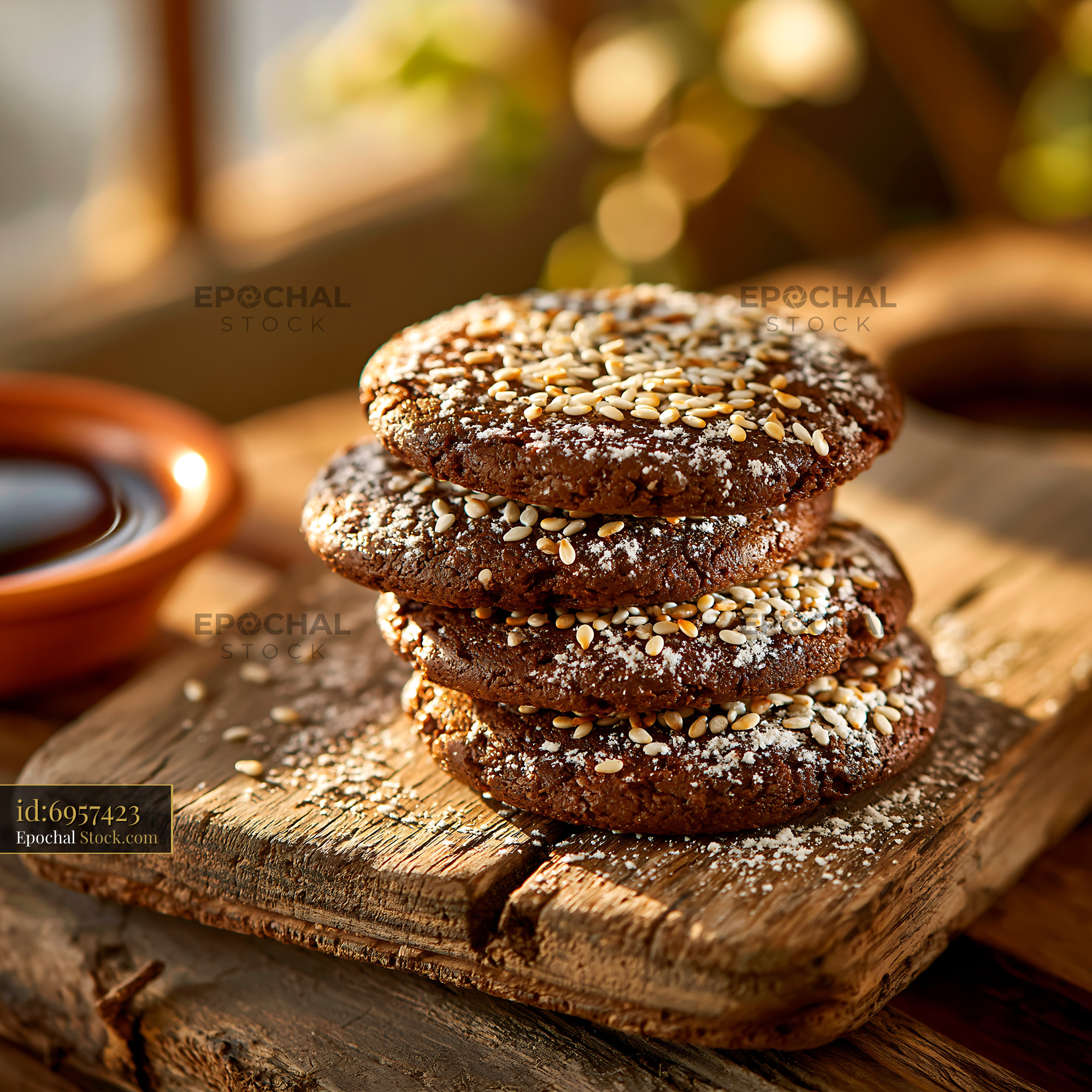 Dibs el kharroub biscuits stacked on a rustic wooden board - stock photo