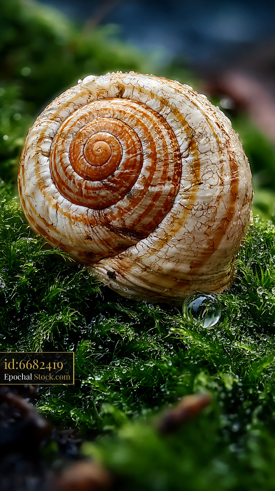 Striped snail shell on wet green moss with morning dew - stock photo