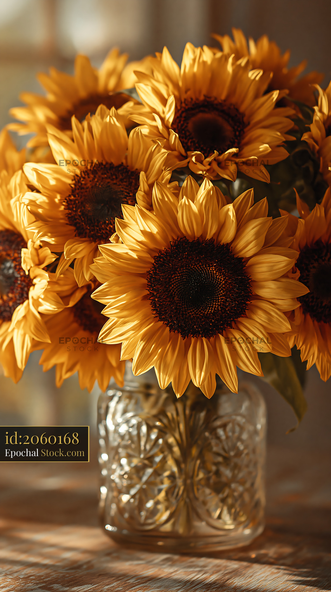Sunflower bouquet in a glass vase catching warm golden hour light - stock photo