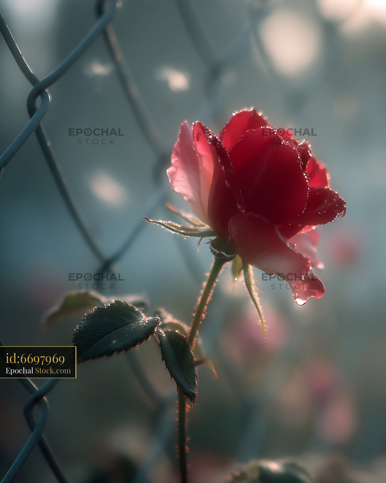 Red rose with morning dew blooming against a chain link fence - stock photo