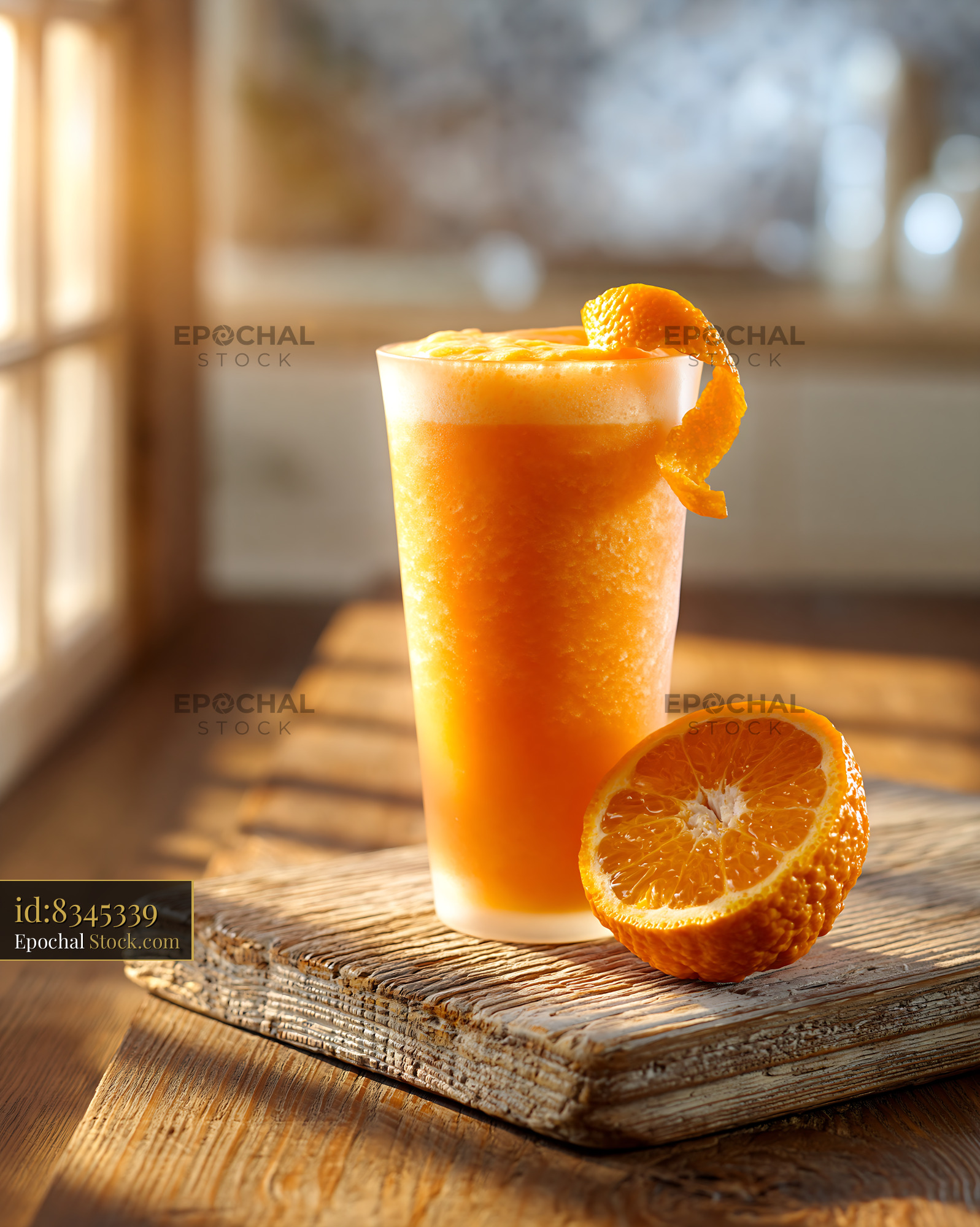 Fresh hallabong citrus smoothie on a rustic wooden board in warm sunli - stock photo