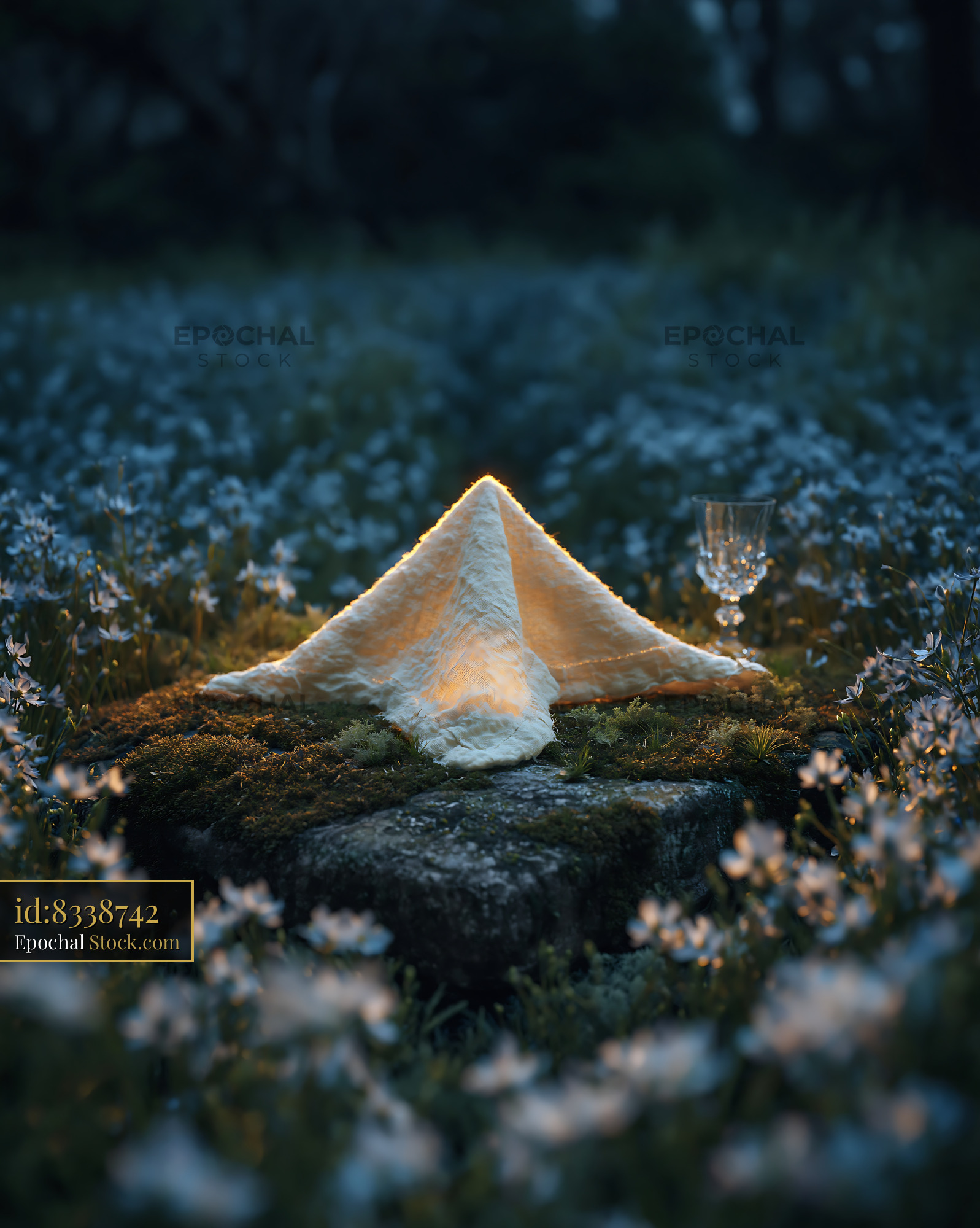 Glowing linen napkin on mossy stone in a field of wildflowers - stock photo