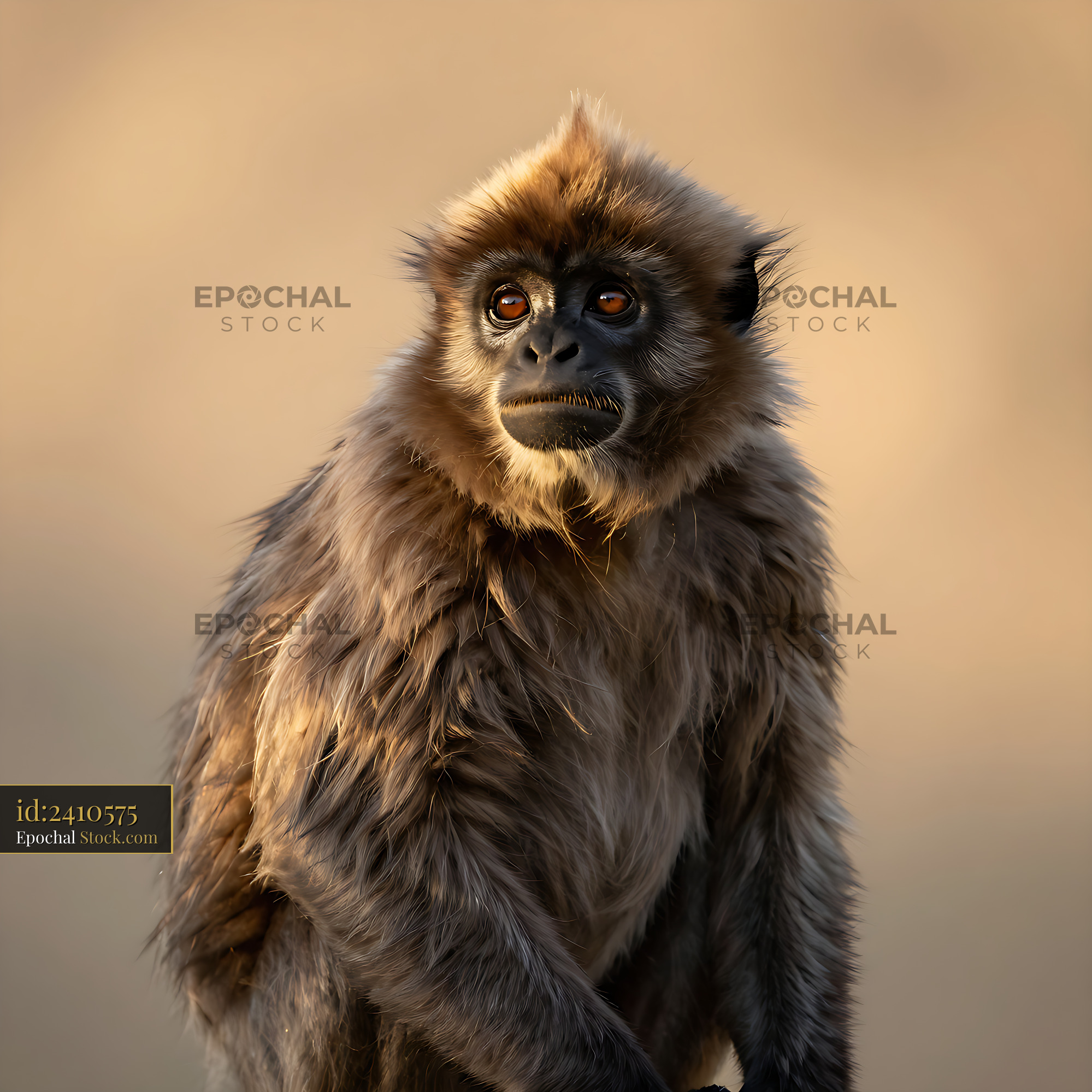 Woolly monkey with thick fur looking sideways in warm golden light - stock photo