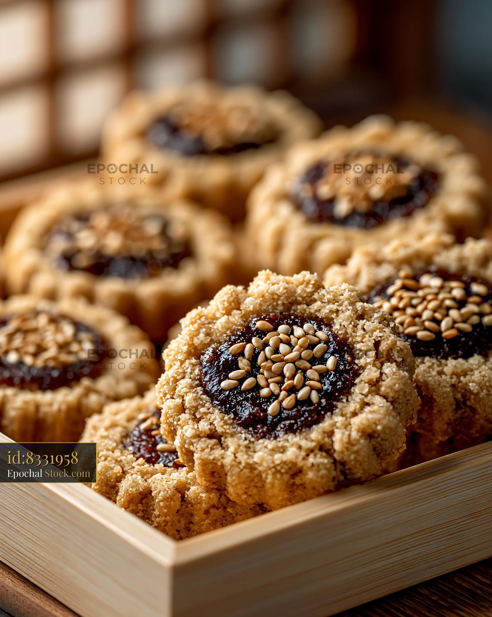 Tahini date biscuits with sesame seeds in a wooden box - stock photo