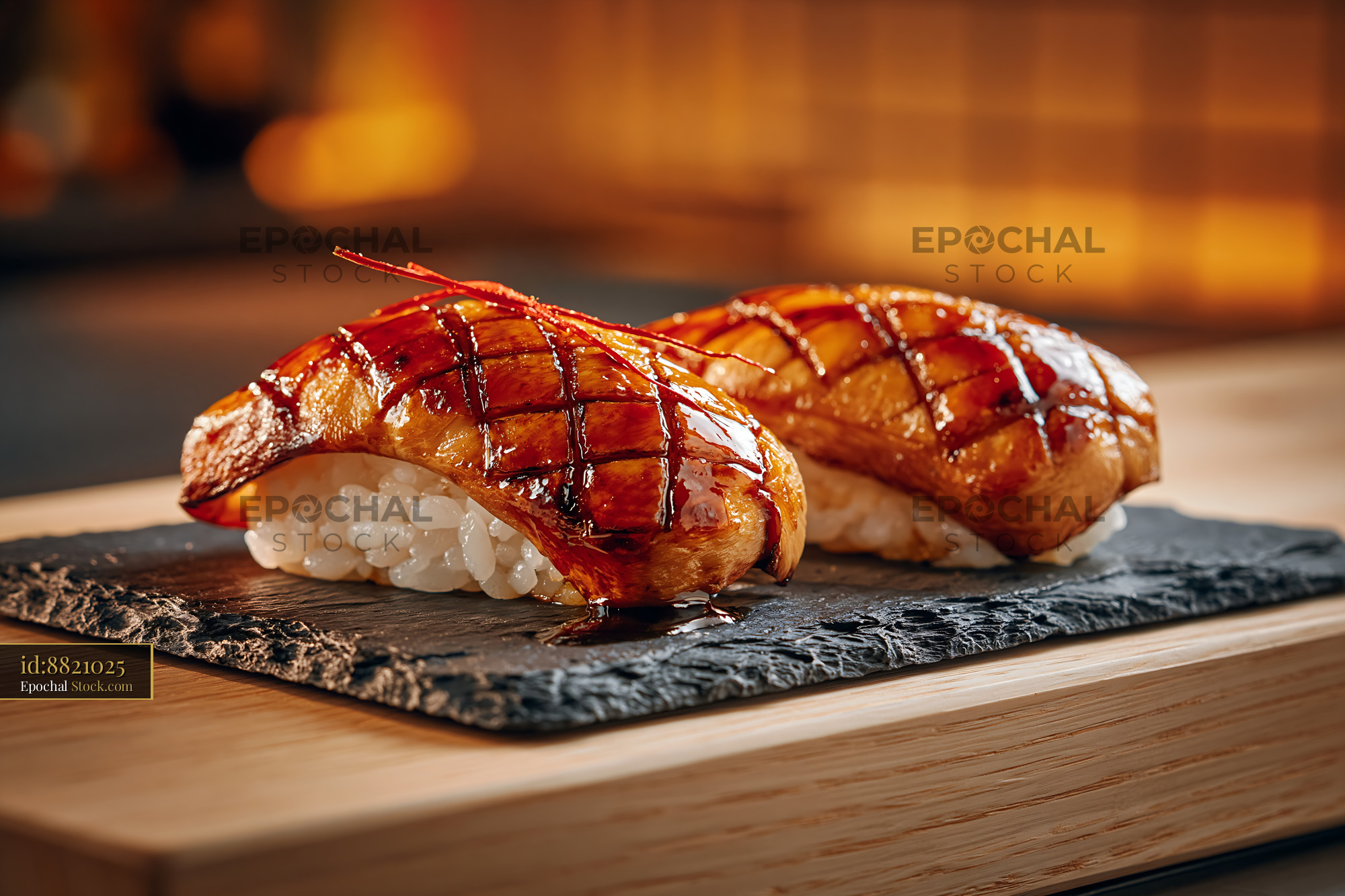 Two pieces of king oyster mushroom sushi nigiri on a slate board - stock photo