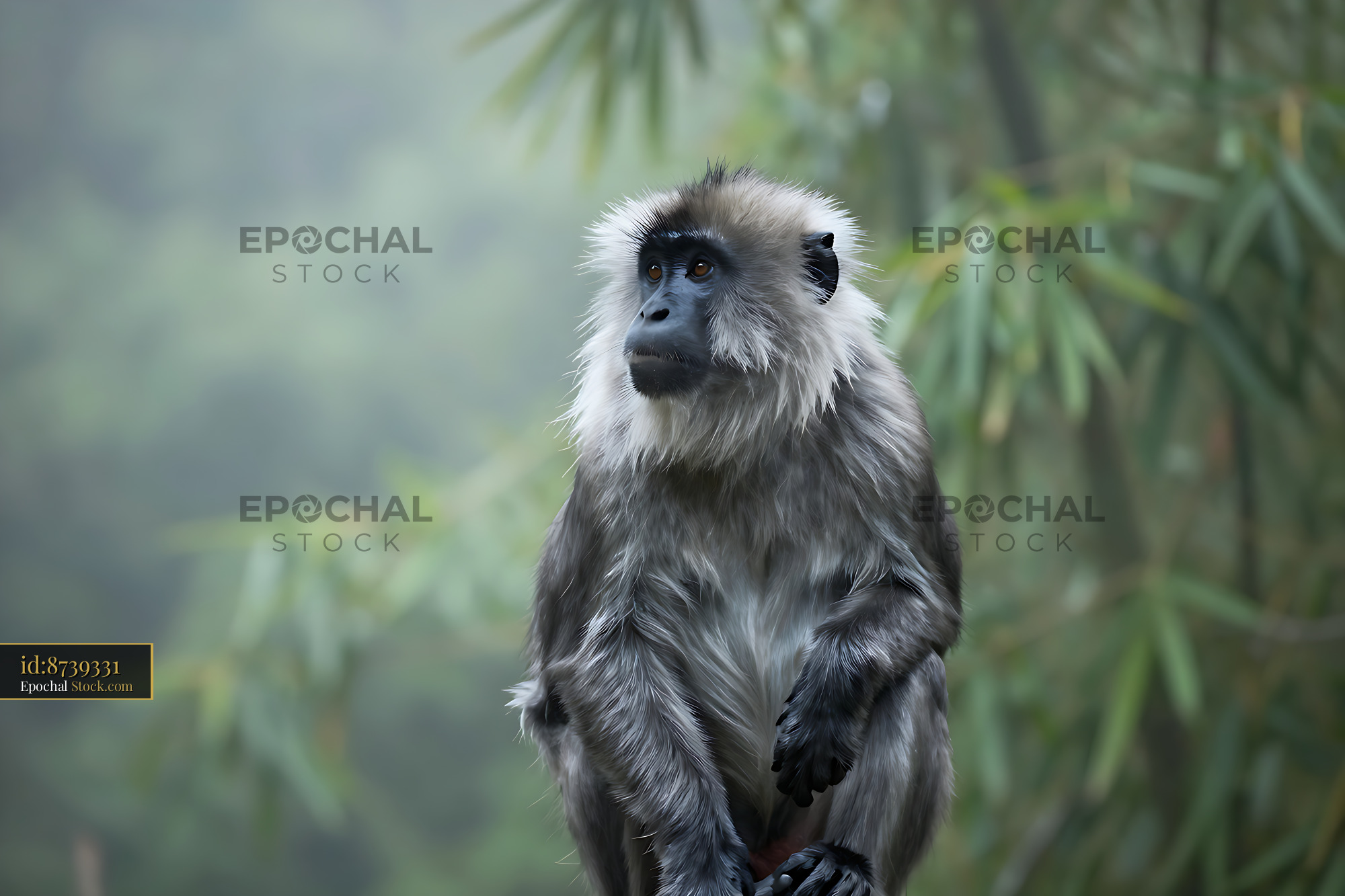 Lion-tailed macaque sitting in a misty tropical forest environment - stock photo