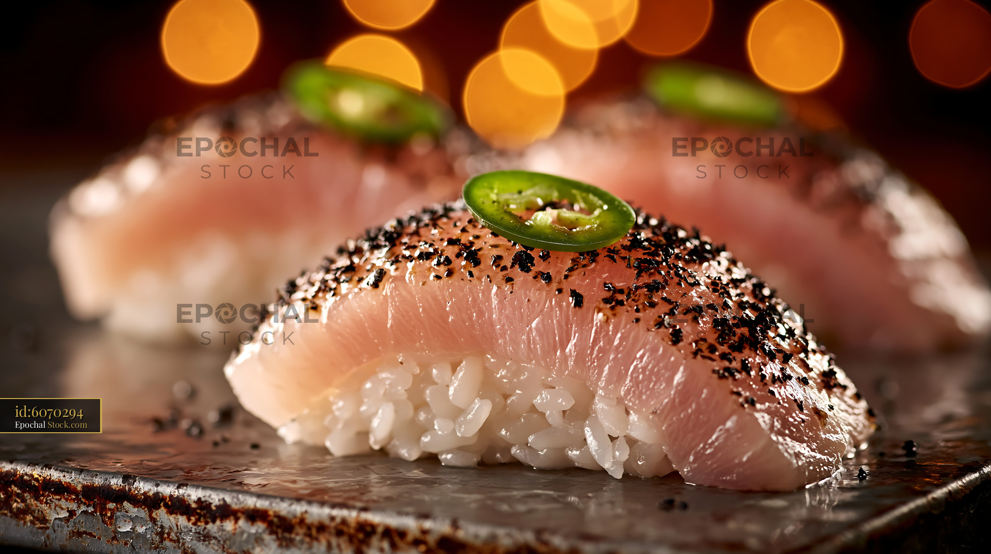 Truffle yellowtail sushi nigiri topped with jalapeno and black truffle - stock photo