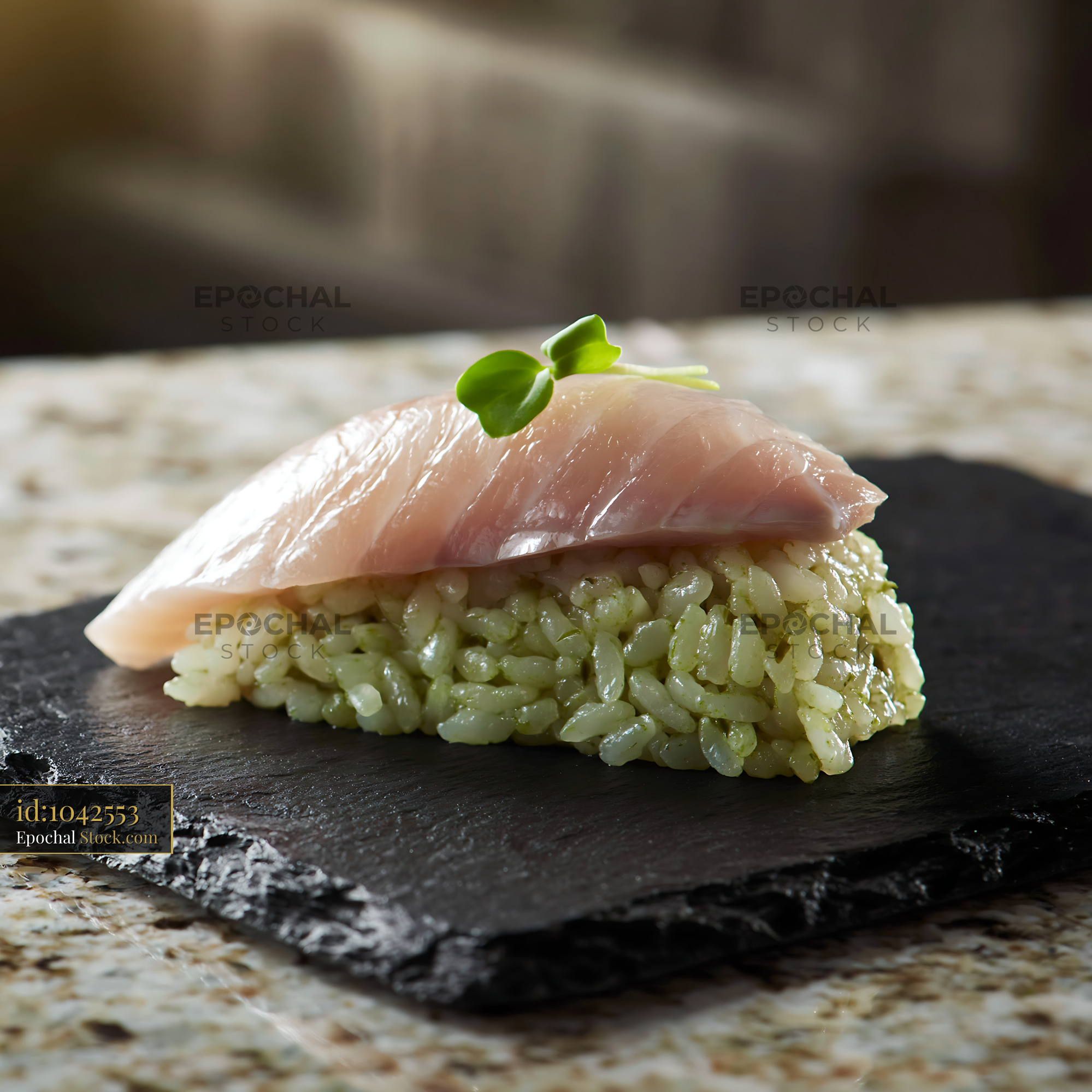Gourmet nigiri with matcha infused rice and fresh white fish - stock photo