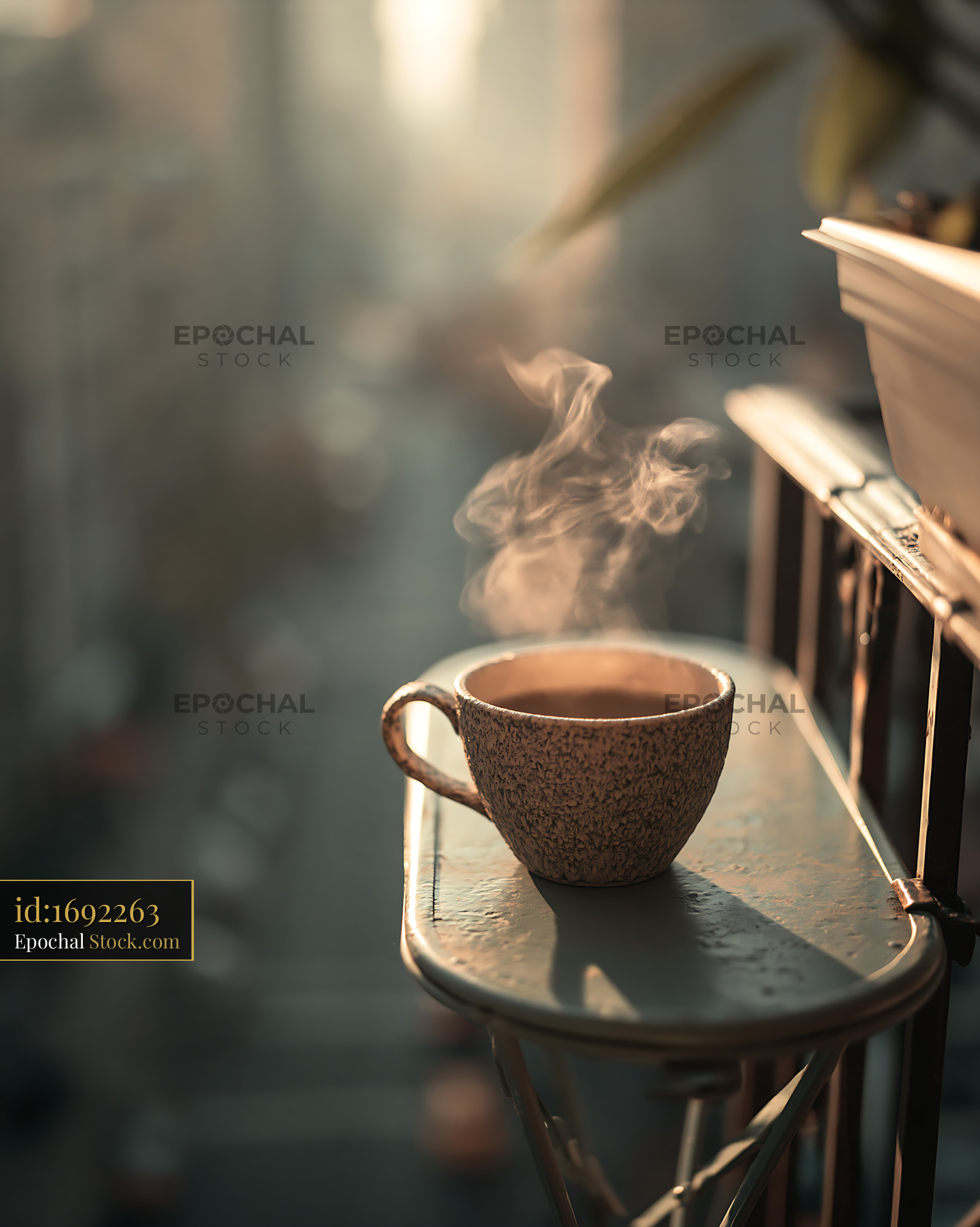 Steaming coffee cup on a balcony overlooking the city - stock photo