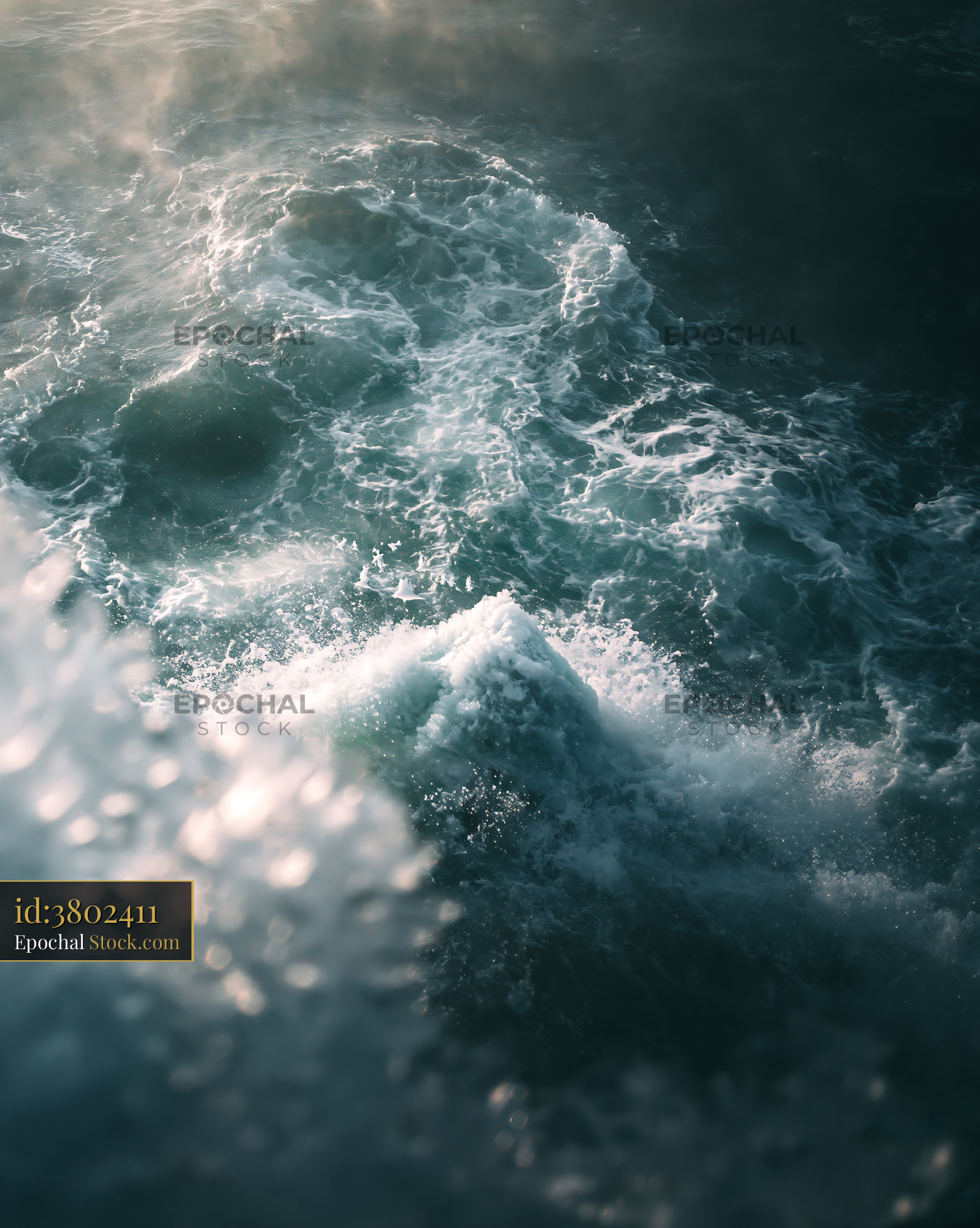 Powerful ocean waves crashing with white foam at cold winter dusk - stock photo