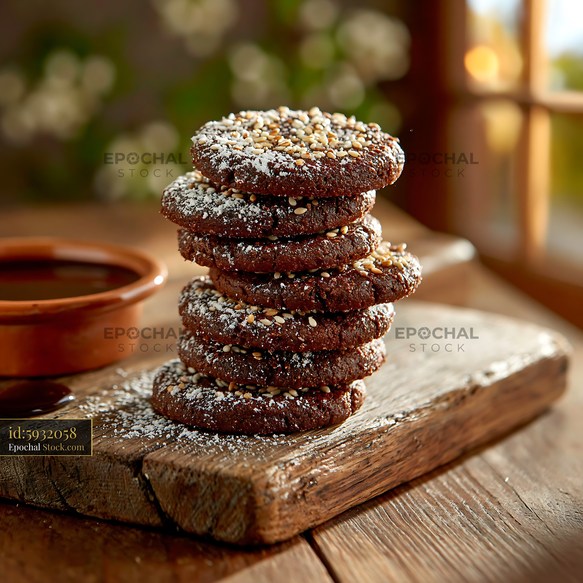 Stack of dibs el kharroub biscuits on a rustic wooden board - stock photo