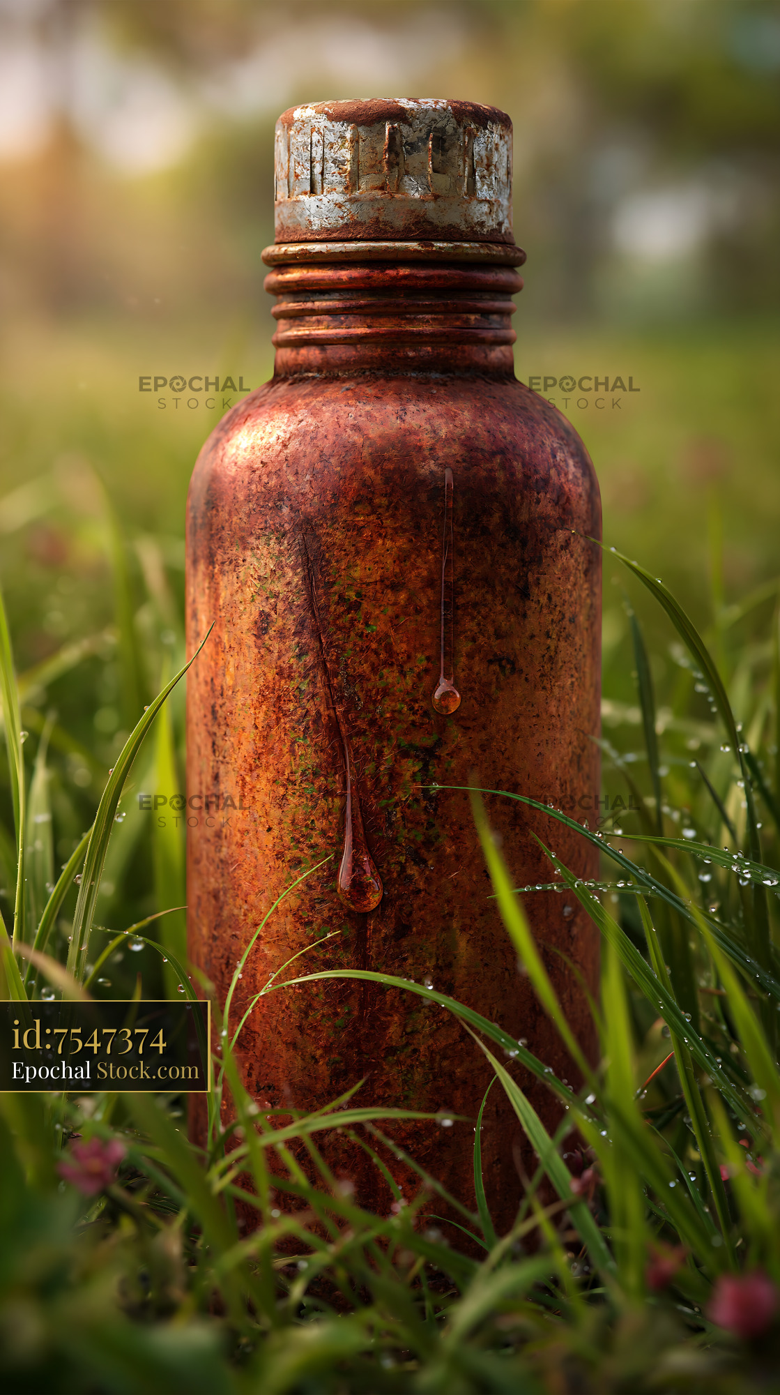 Rusty vintage thermos standing in lush green spring grass - stock photo