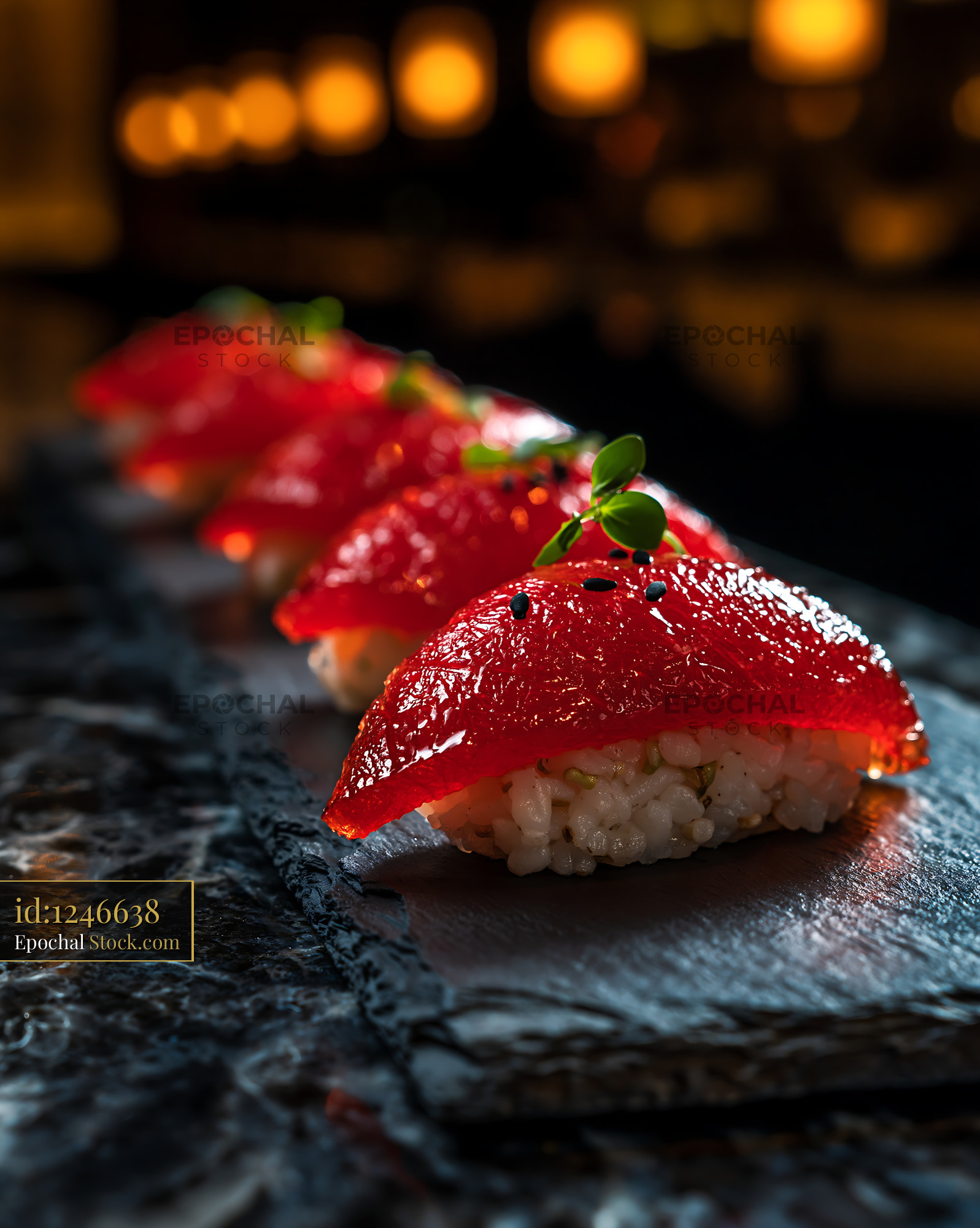 Vegan watermelon tuna sushi nigiri on dark slate plate - stock photo