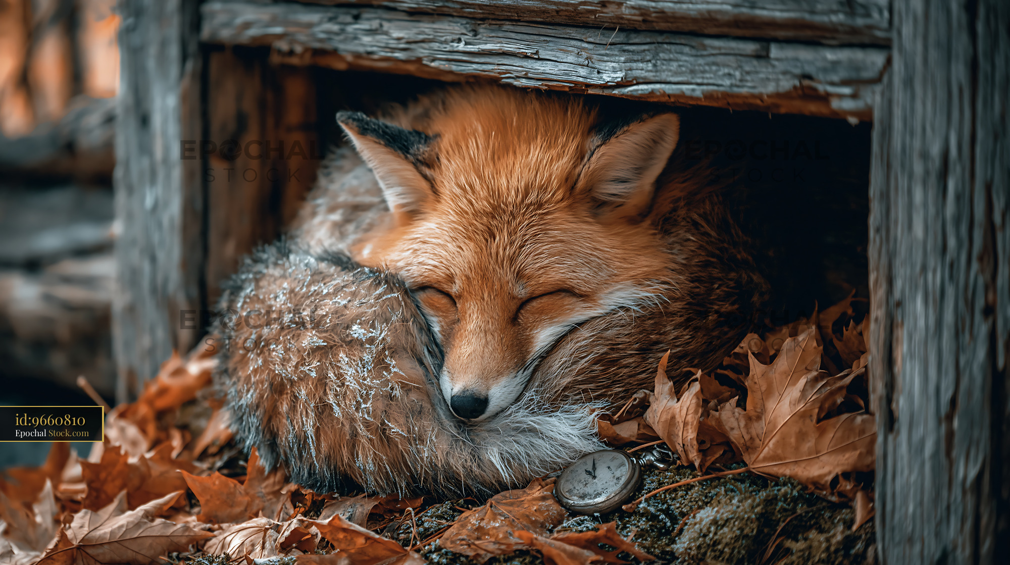 Red fox sleeping in wooden hollow with vintage pocket watch - stock photo