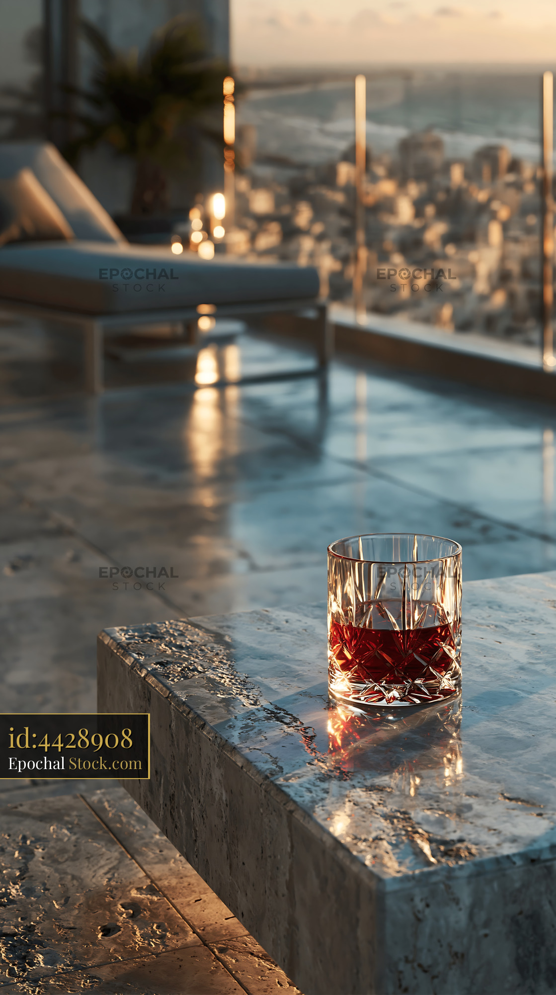 Crystal glass of whiskey on luxury rooftop balcony at sunset - stock photo