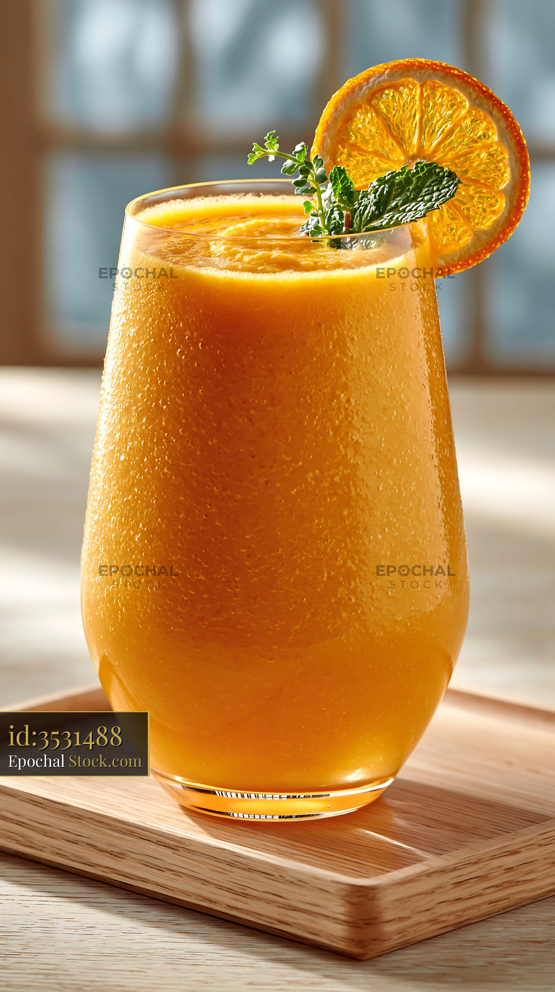 Refreshing mikan orange smoothie with mint garnish on wooden tray - stock photo