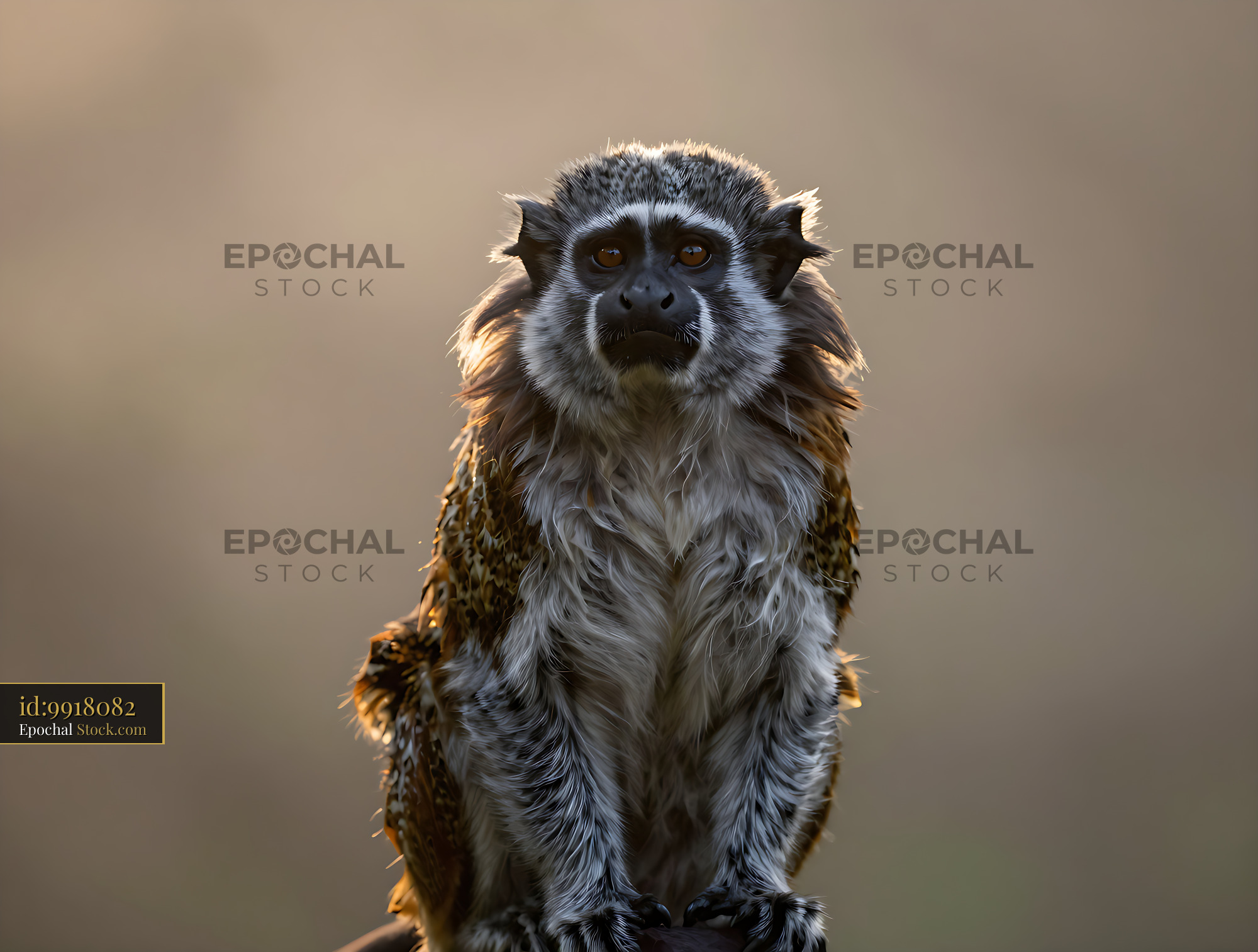 Tamarin monkey sitting in golden light looking at the camera - stock photo