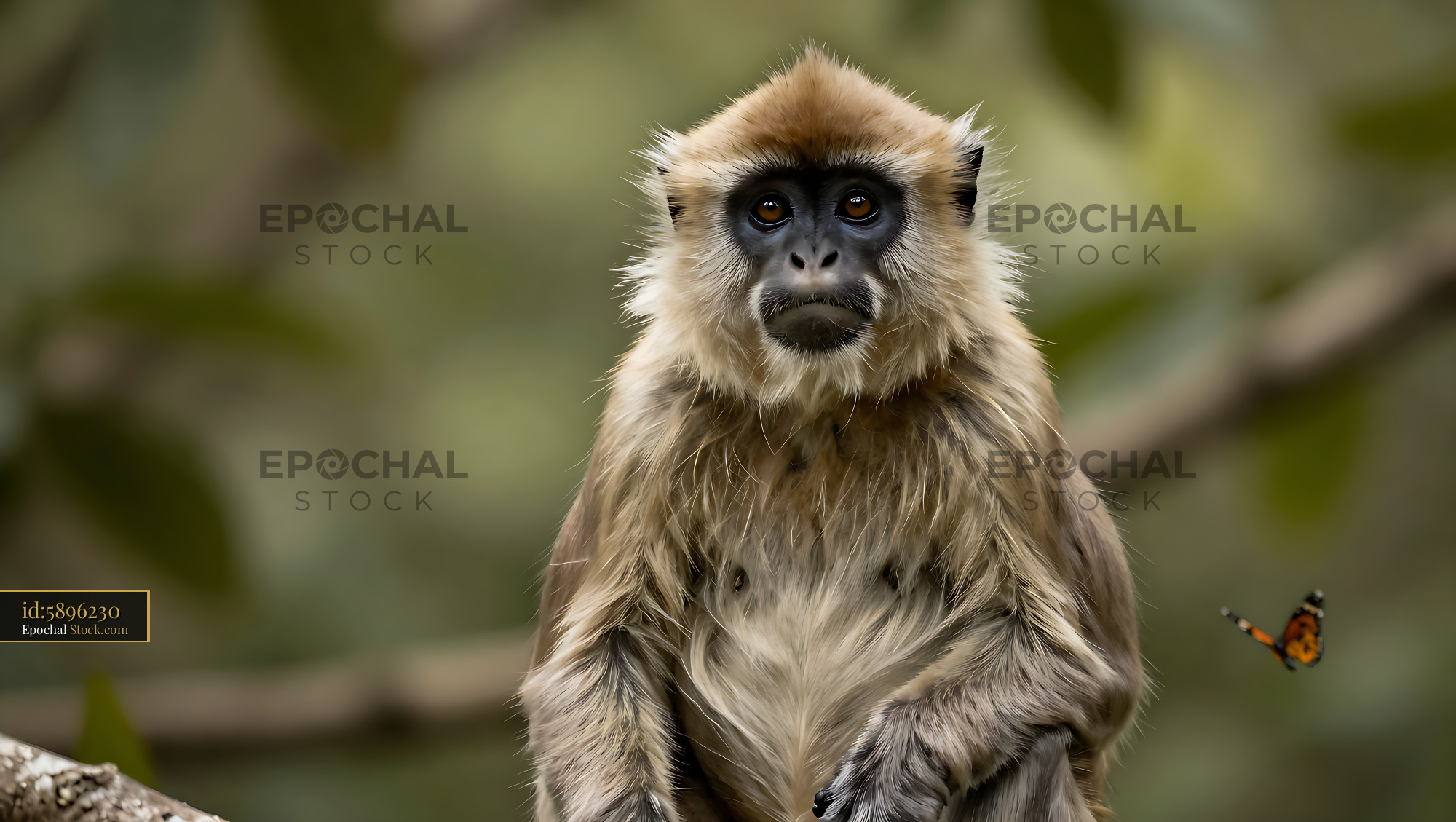 Dusky leaf monkey looking at camera with a butterfly in the forest - stock photo