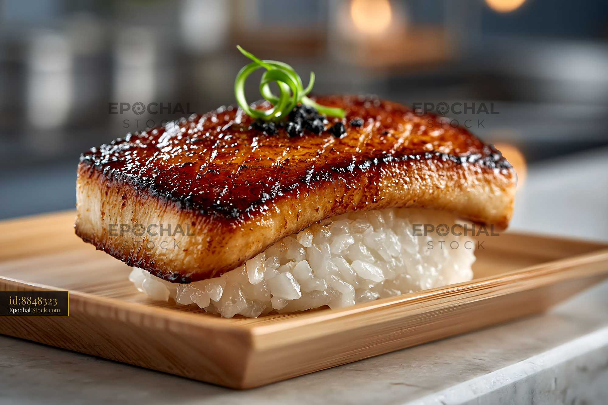 King oyster mushroom sushi nigiri with seared glaze and garnish - stock photo