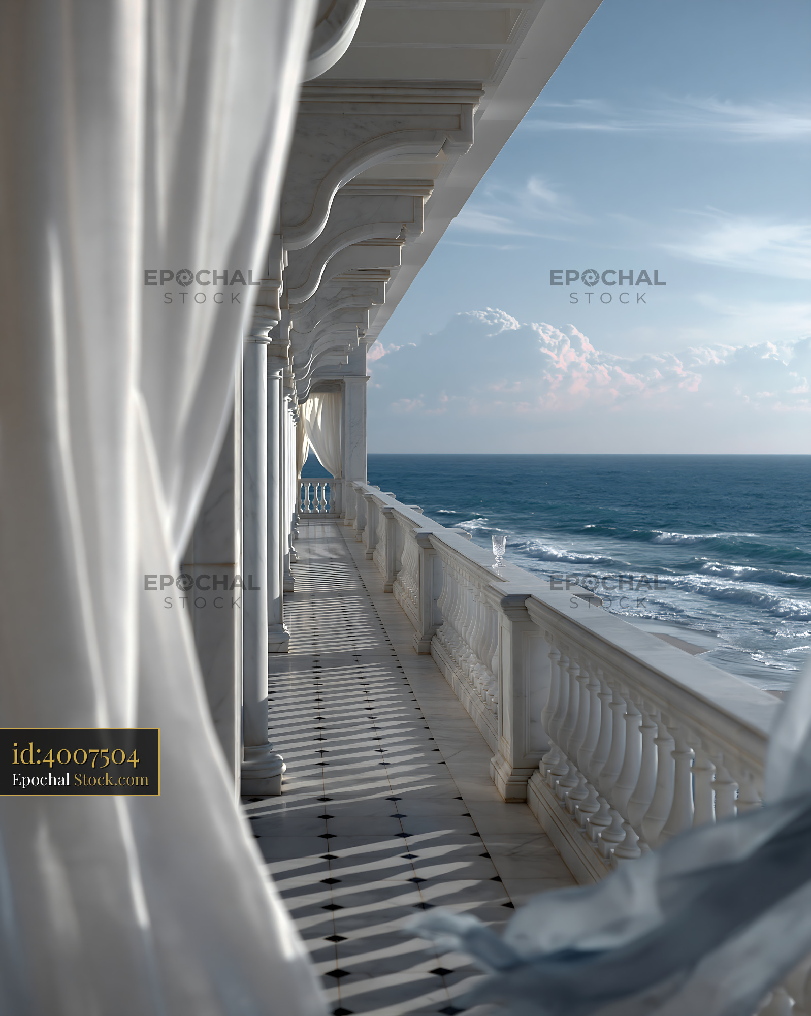 Luxury hotel balcony view with white curtains overlooking the ocean - stock photo