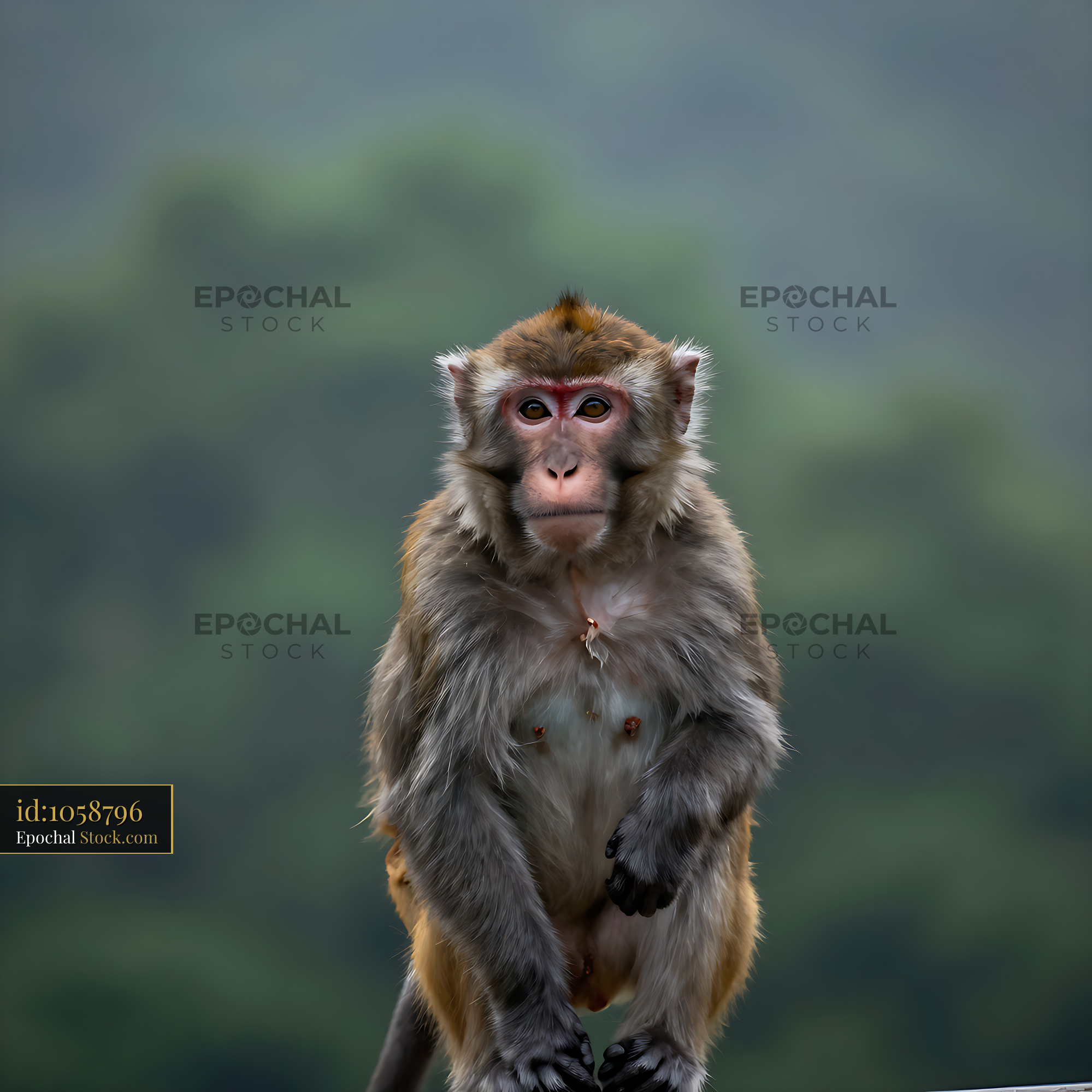 Portrait of a rhesus macaque looking at camera in a misty forest - stock photo