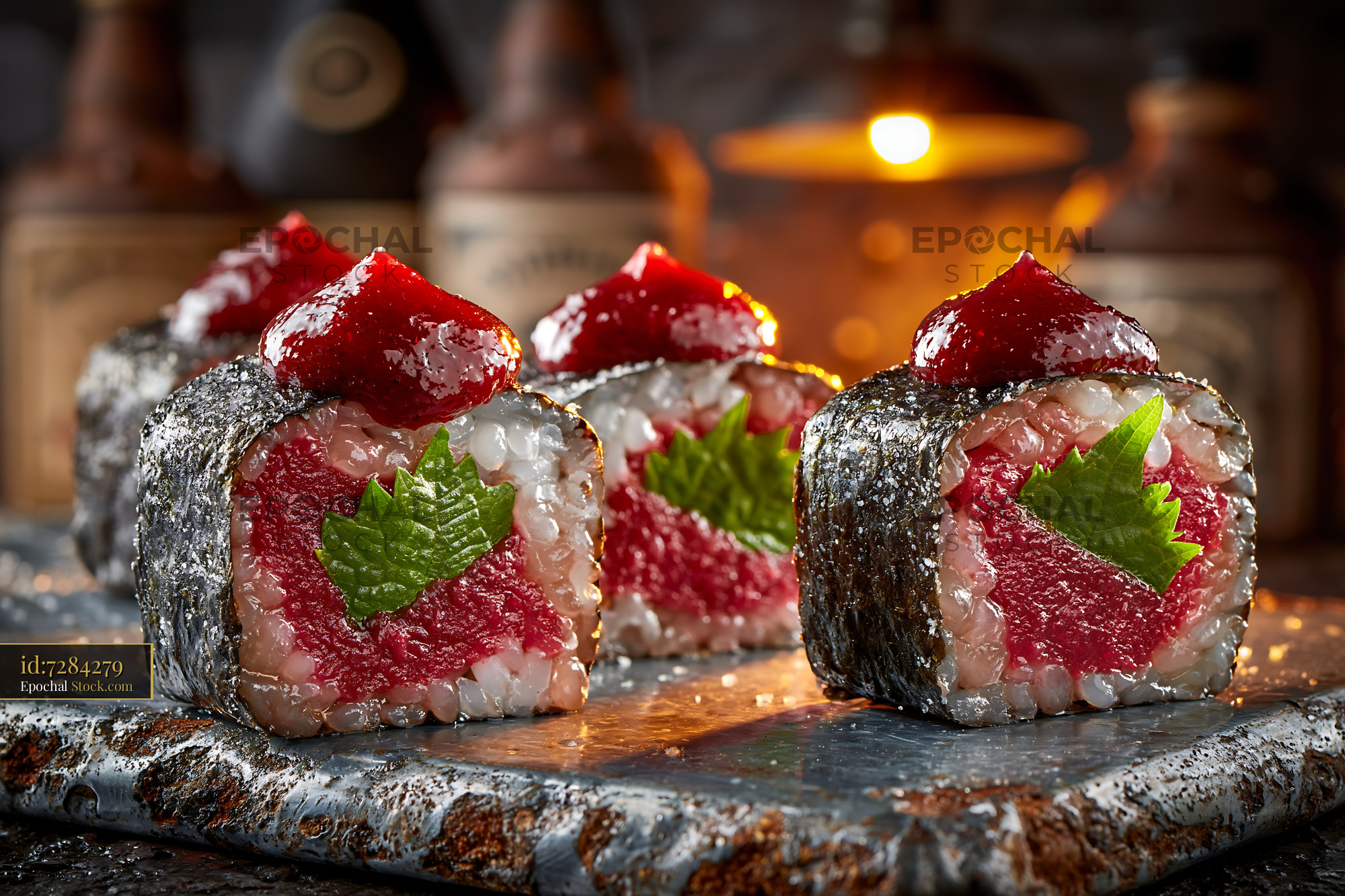 Salted plum umeboshi sushi rolls with tuna and shiso leaf - stock photo