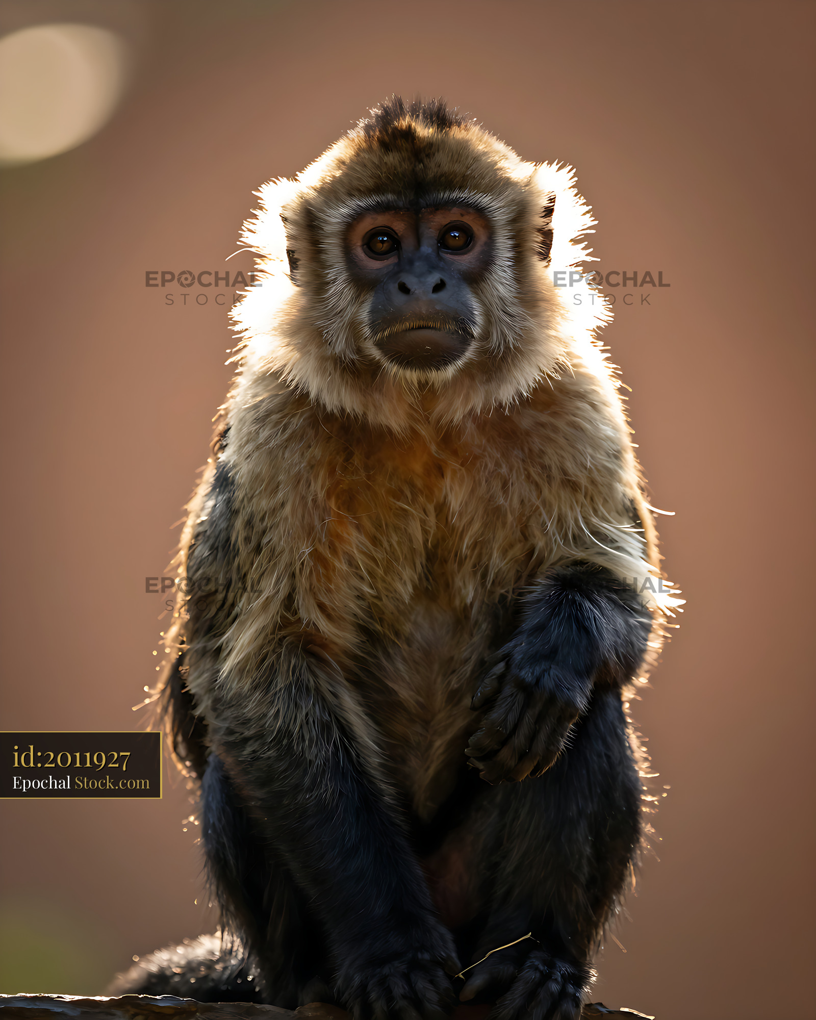 Titi monkey sitting in the warm sunlight with golden rim lighting - stock photo