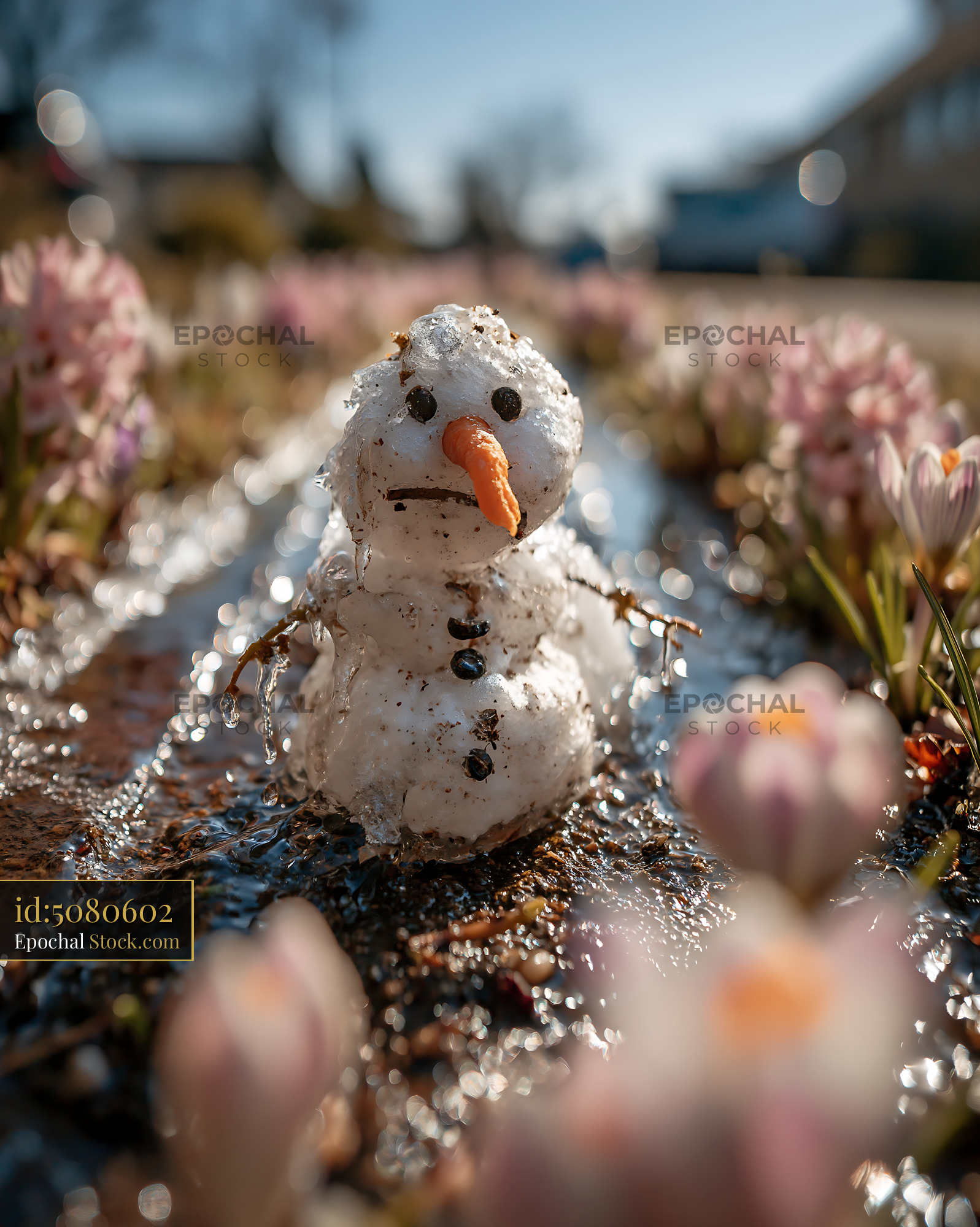 Small melting snowman among blooming spring flowers in bright sunlight - stock photo