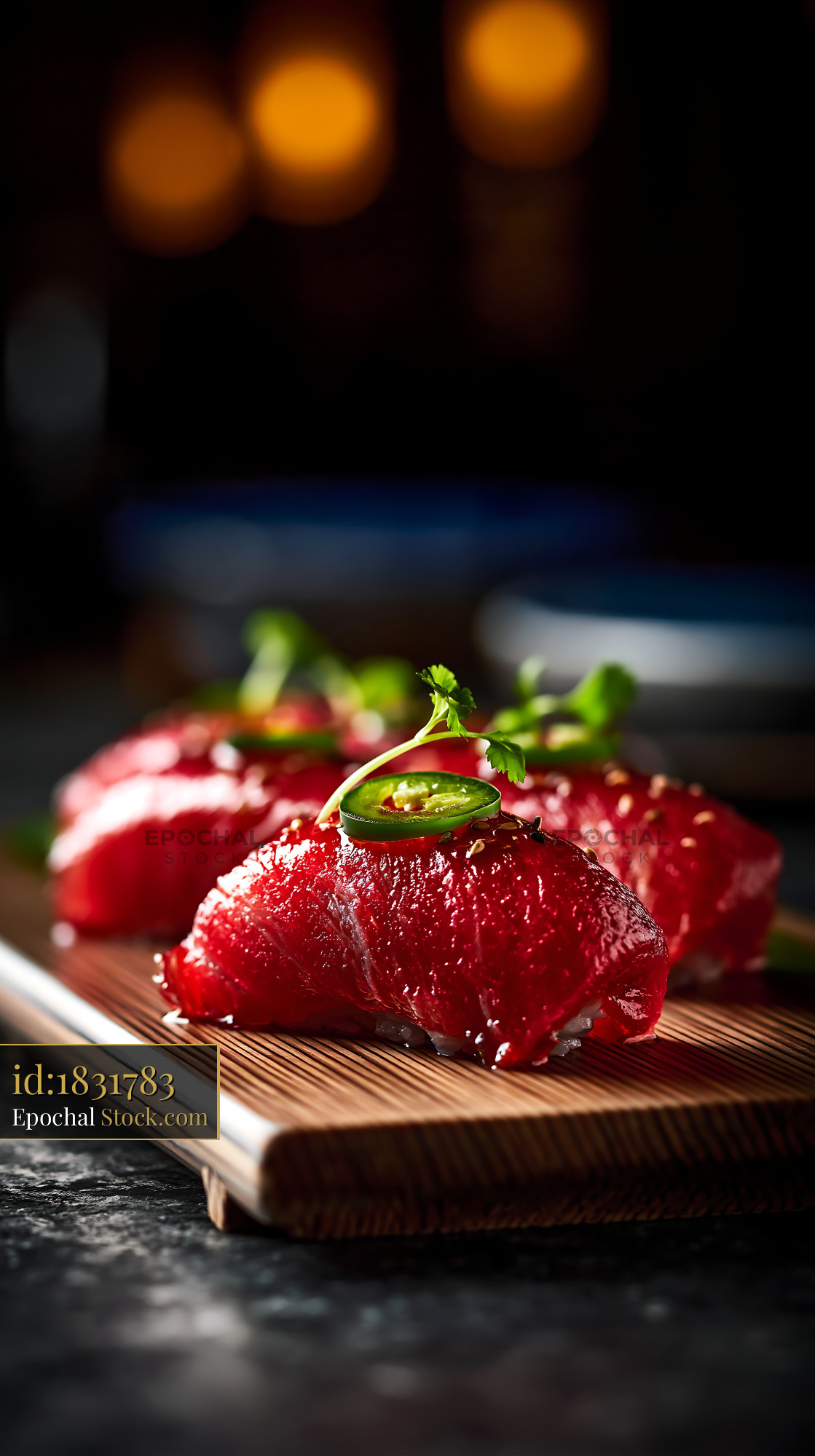 Vegan watermelon tuna sushi topped with jalapeno on wooden board - stock photo
