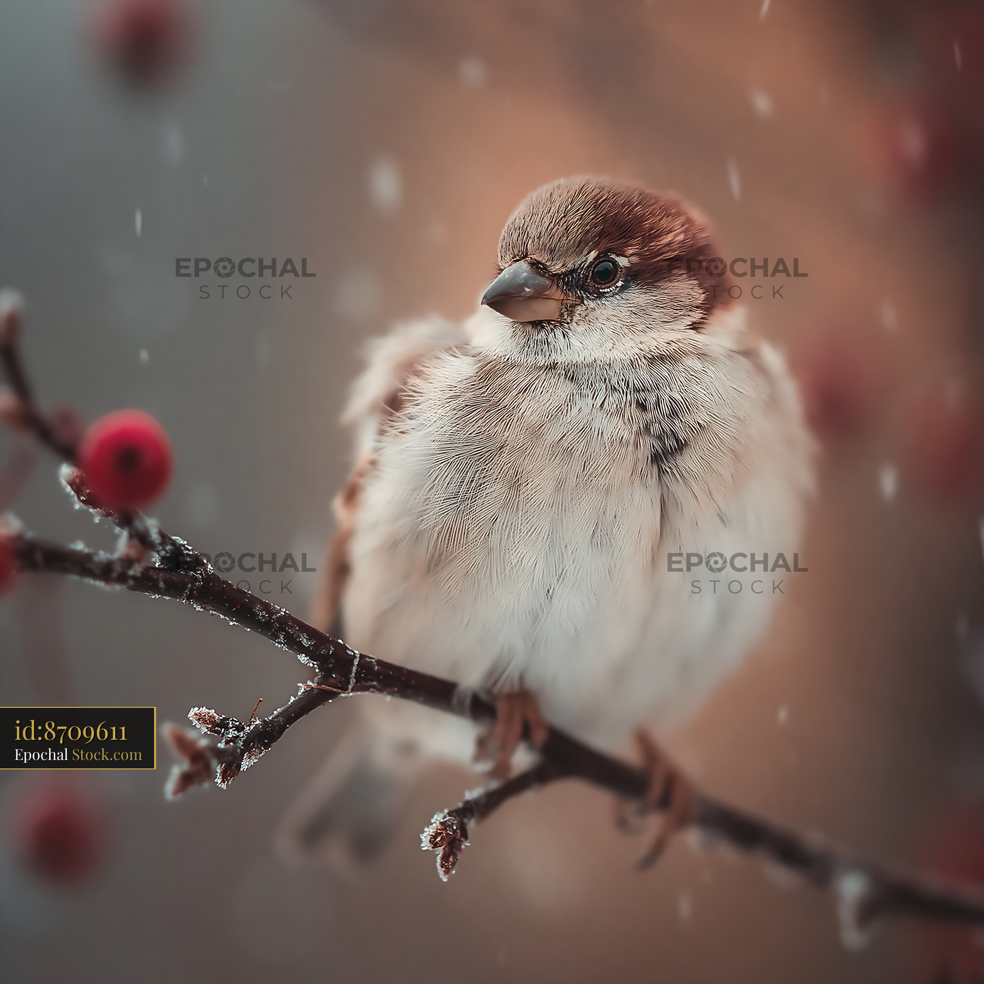 Sparrow huddled on a bare branch with red berries in the snow - stock photo
