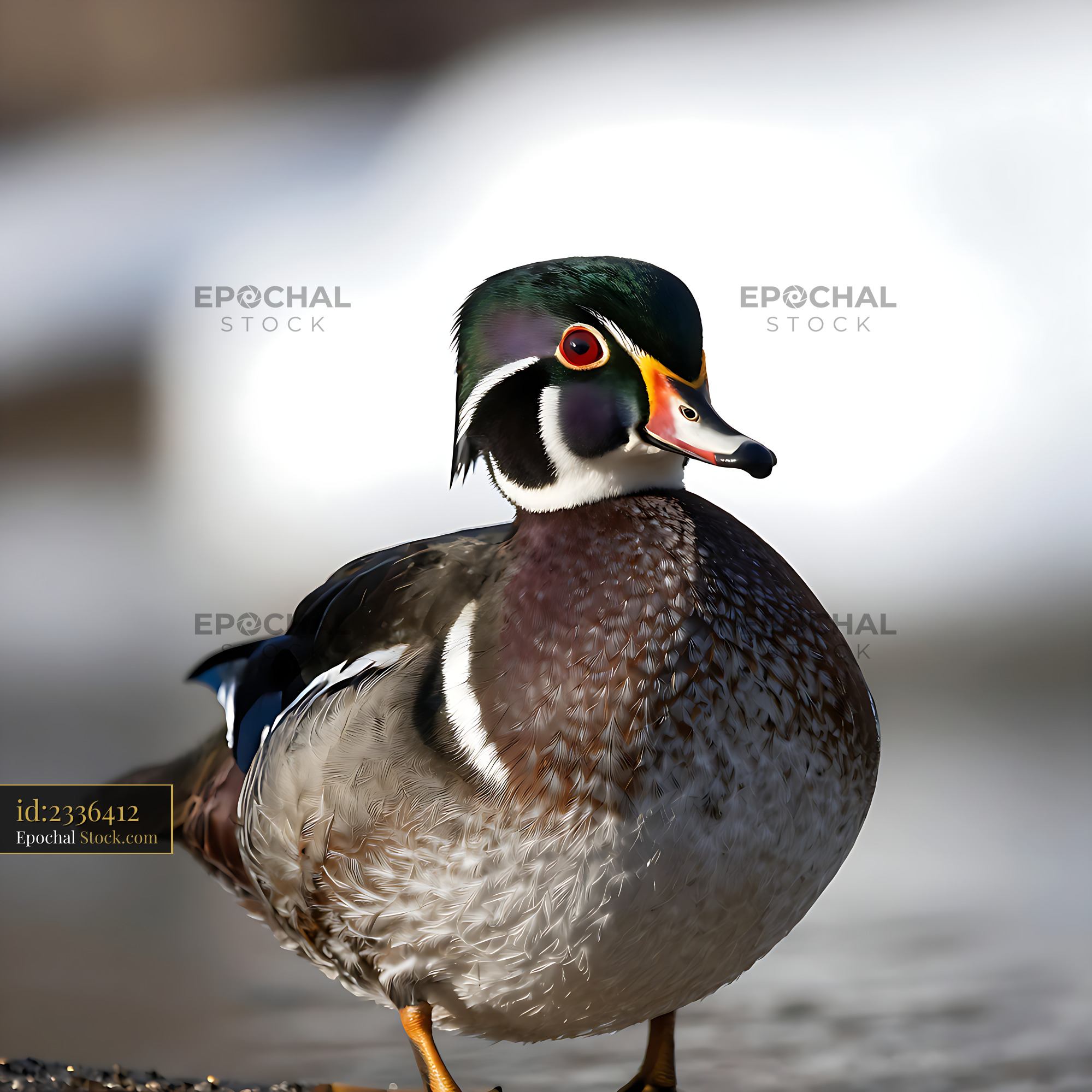 Male wood duck drake with colorful iridescent feathers standing by wat - stock photo