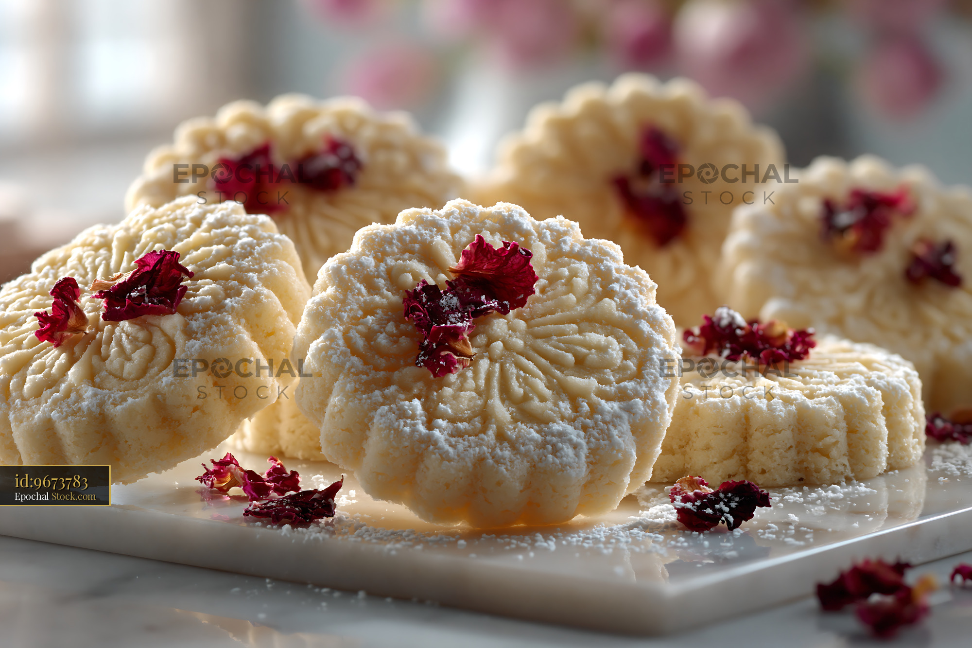 Delicate rose water biscuits topped with dried petals on marble - stock photo