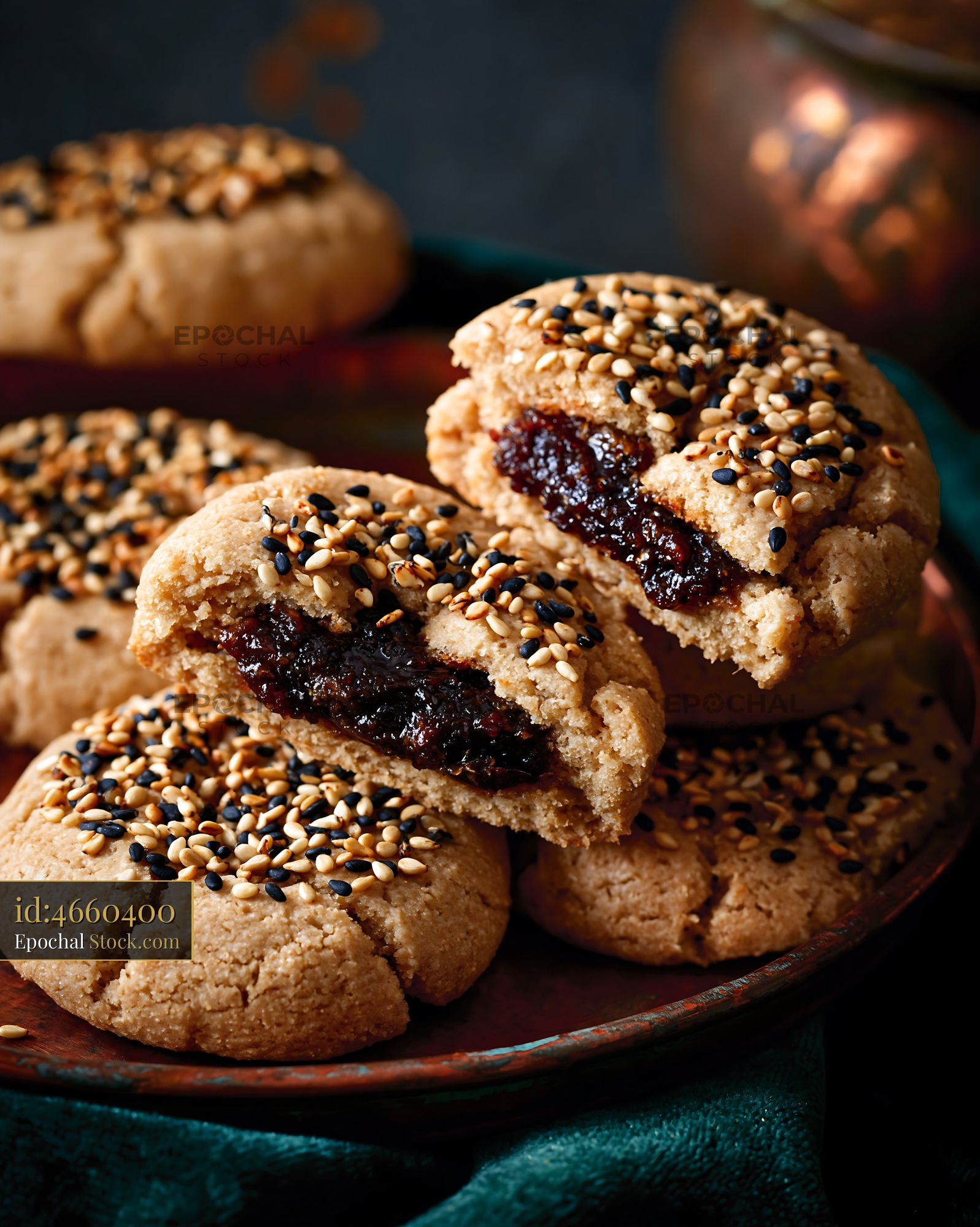Tahini date biscuits topped with sesame seeds and gooey fruit filling - stock photo