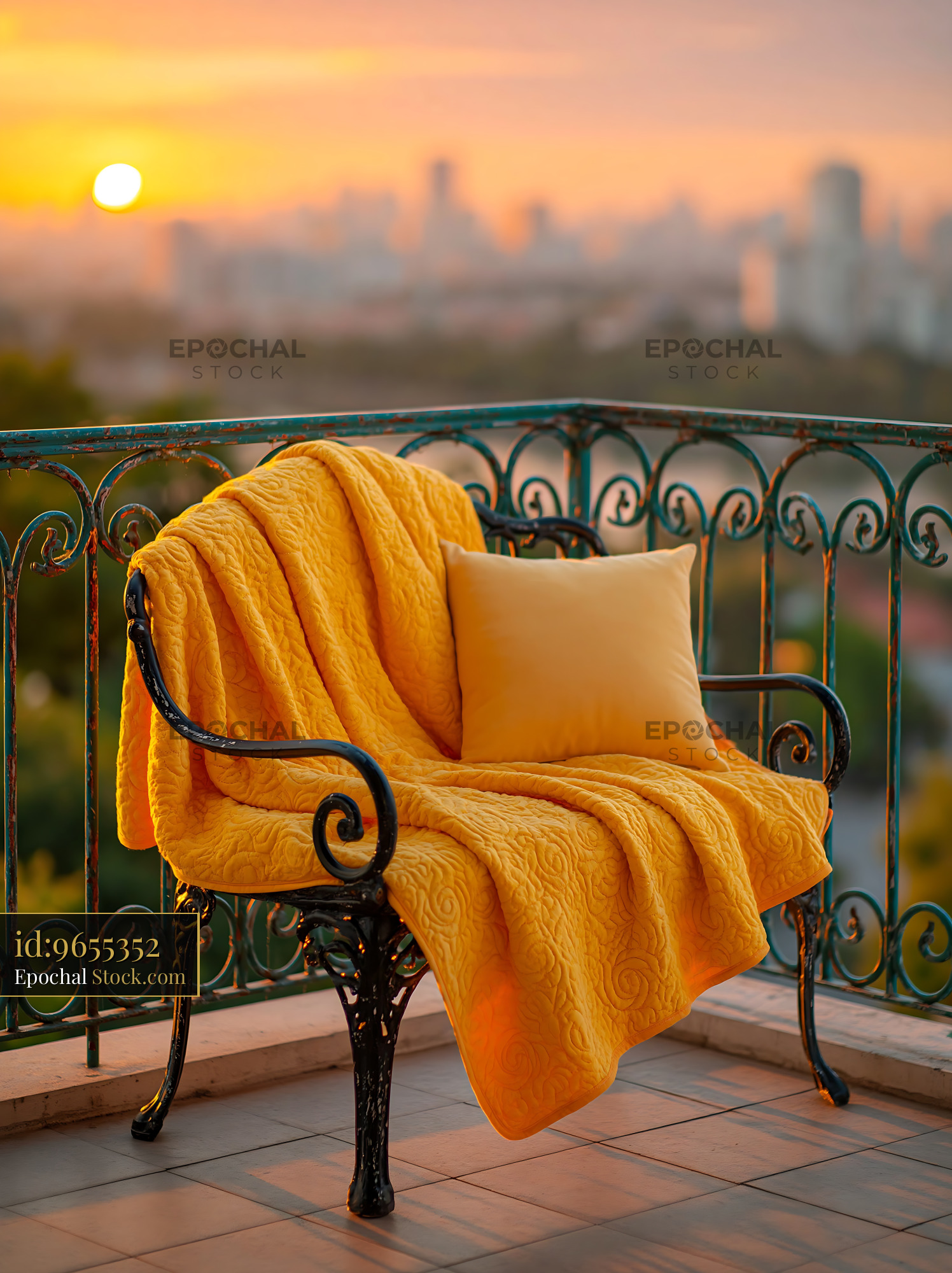 Shabby chic bench blanket on a balcony overlooking a city sunset - stock photo