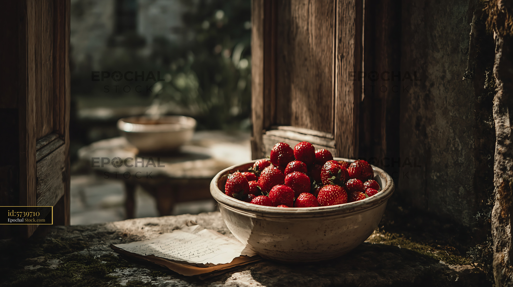 Fresh strawberries ceramic bowl on a sunlit stone windowsill - stock photo