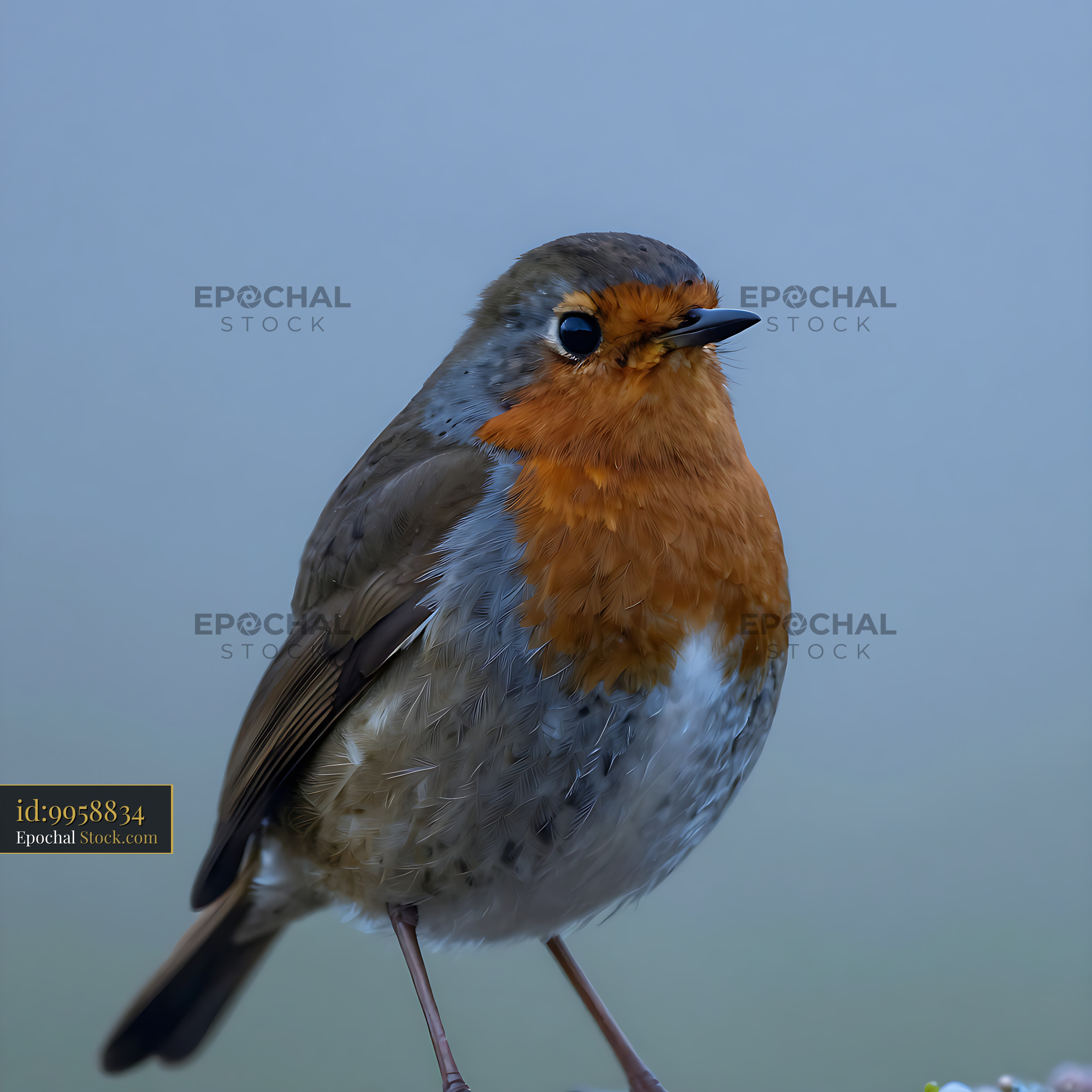 European robin perched against a soft blue morning background - stock photo